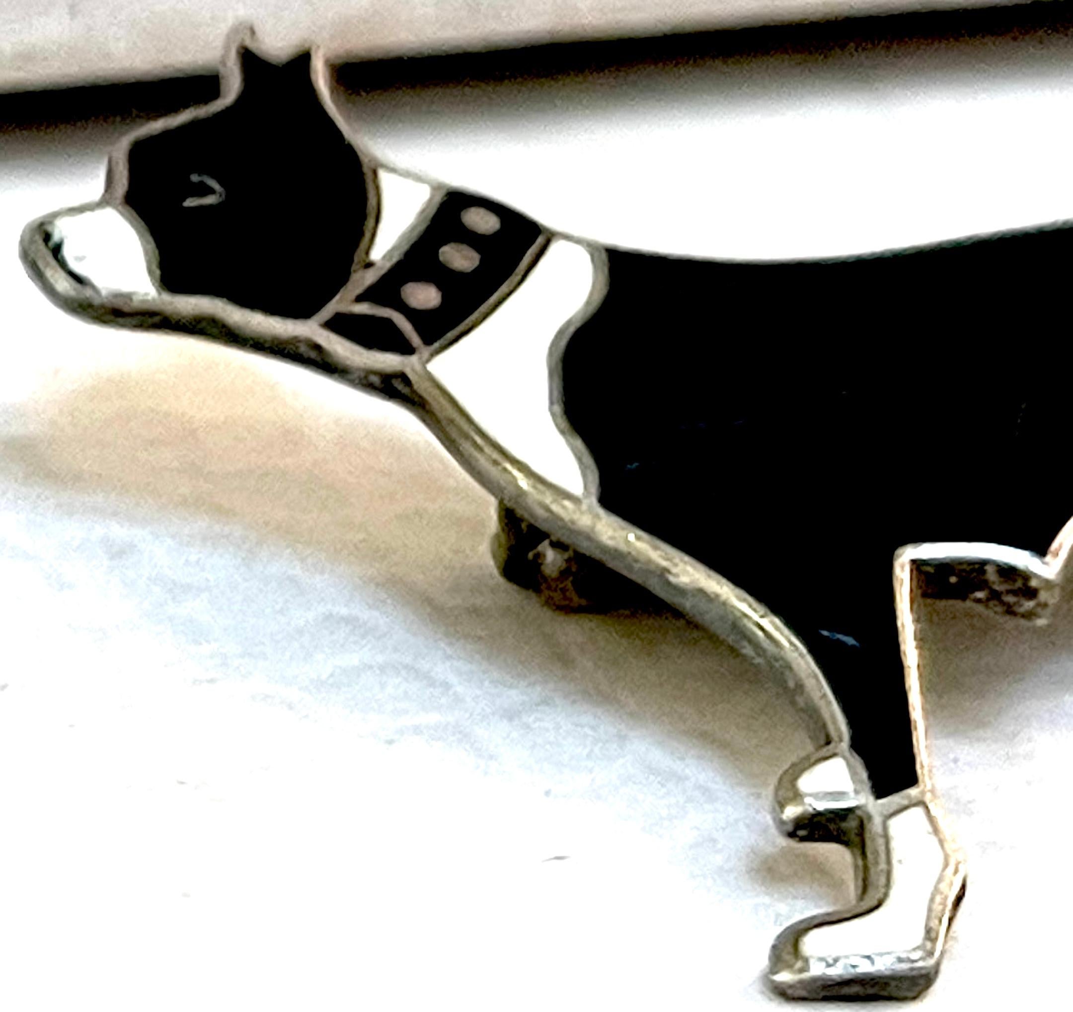 American Art Deco Sterling & Enamel Black & White Boston Terrier Pin, by Thomae Co.  For Sale