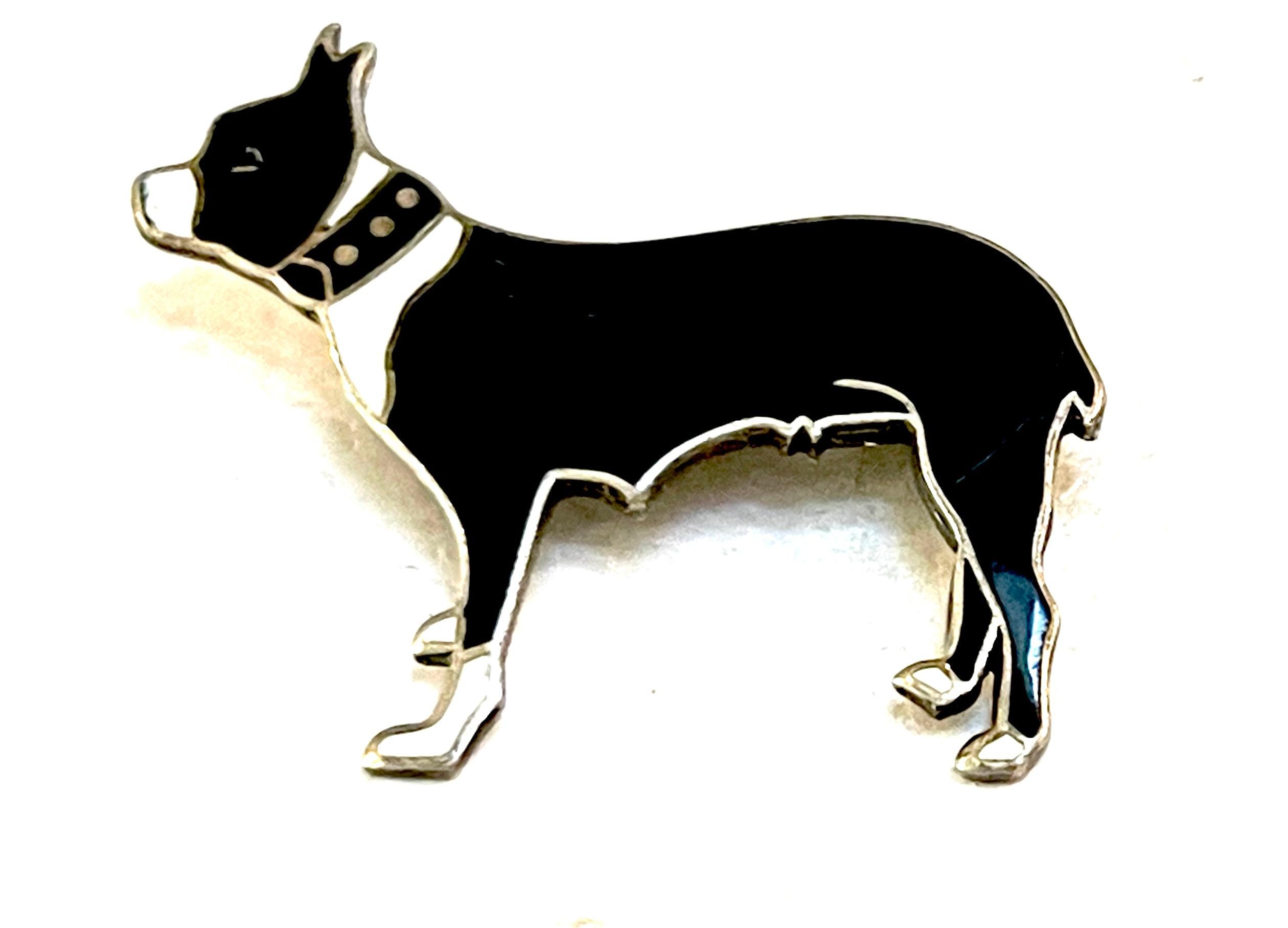 Enameled Art Deco Sterling & Enamel Black & White Boston Terrier Pin, by Thomae Co.  For Sale