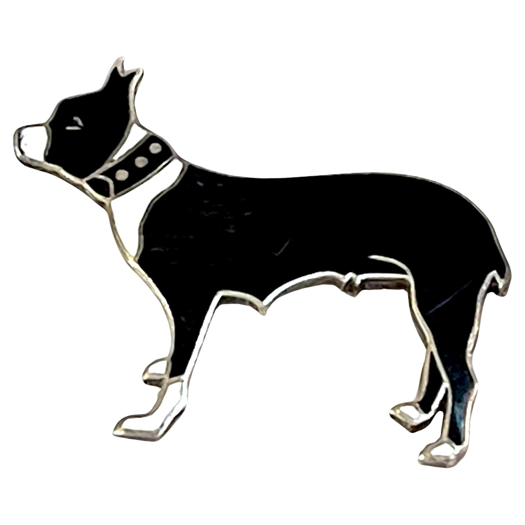 Art Deco Sterling & Enamel Black & White Boston Terrier Pin, by Thomae Co.  For Sale