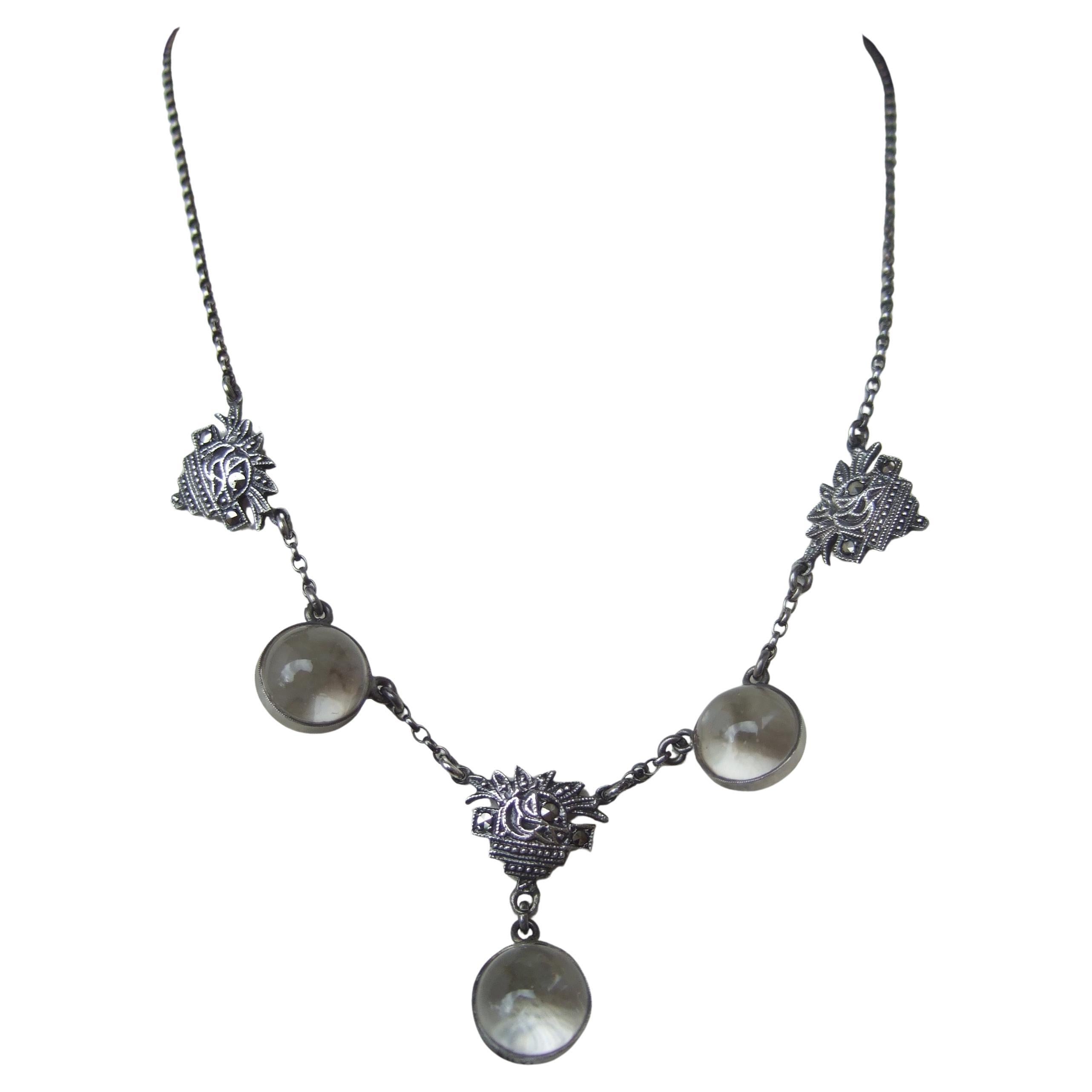 Art Deco Sterling Pools of Light Crystal Marcasite Chain Necklace c 1940s