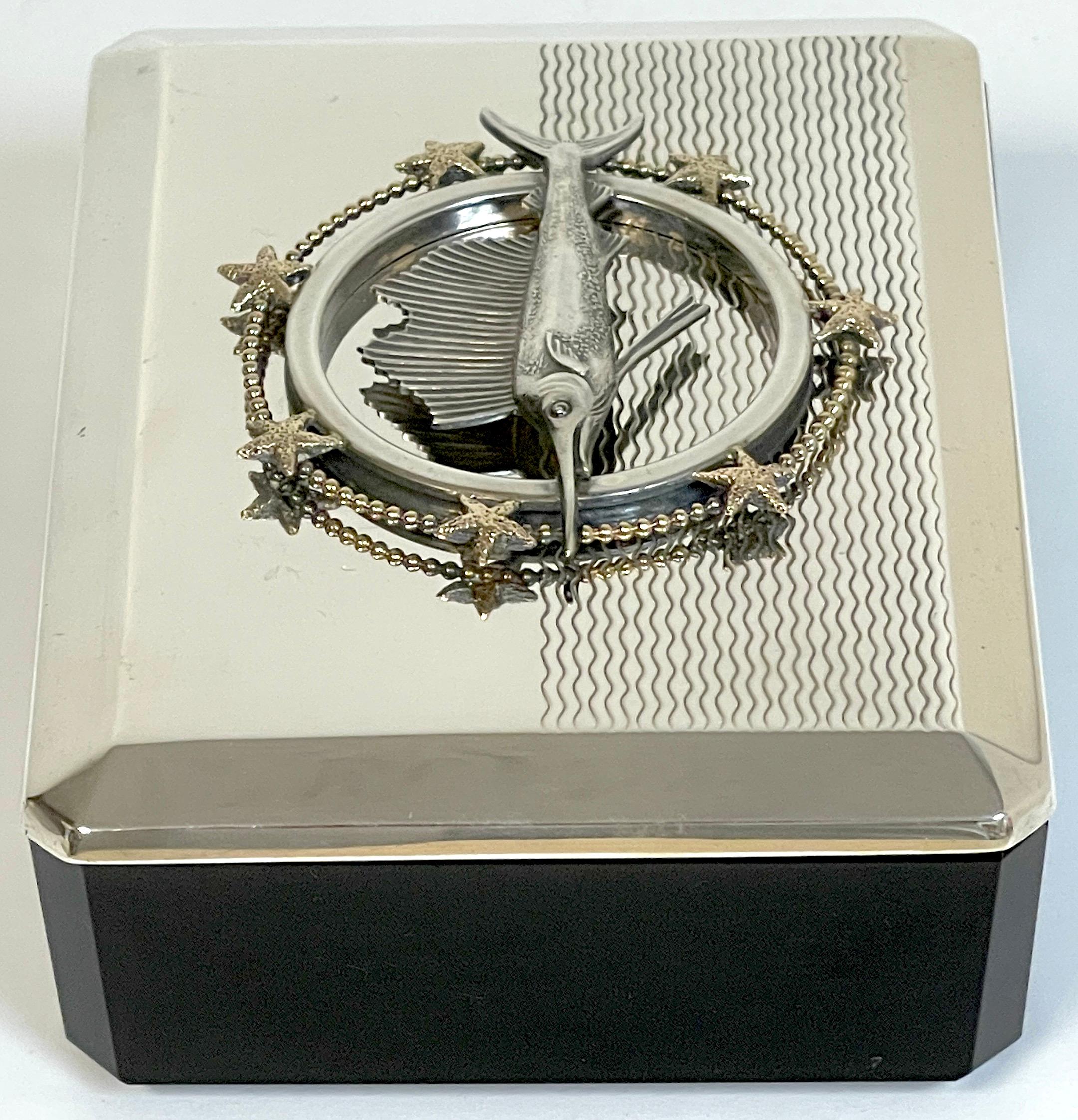 Gilt Art Deco Sterling Sailfish & Black Amethyst Box by R. Blackington