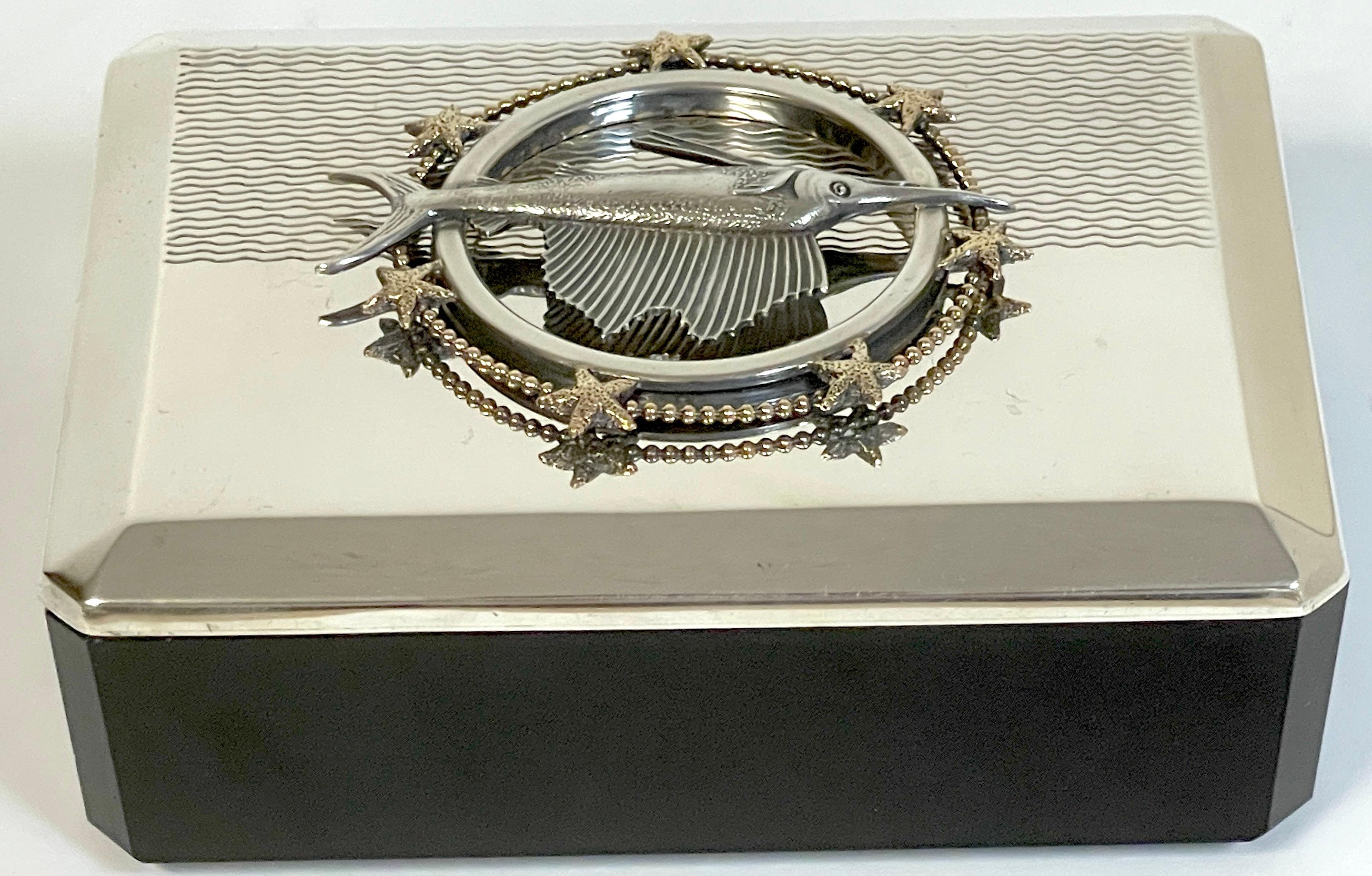 Art Deco Sterling Sailfish & Black Amethyst Box by R. Blackington In Good Condition For Sale In West Palm Beach, FL