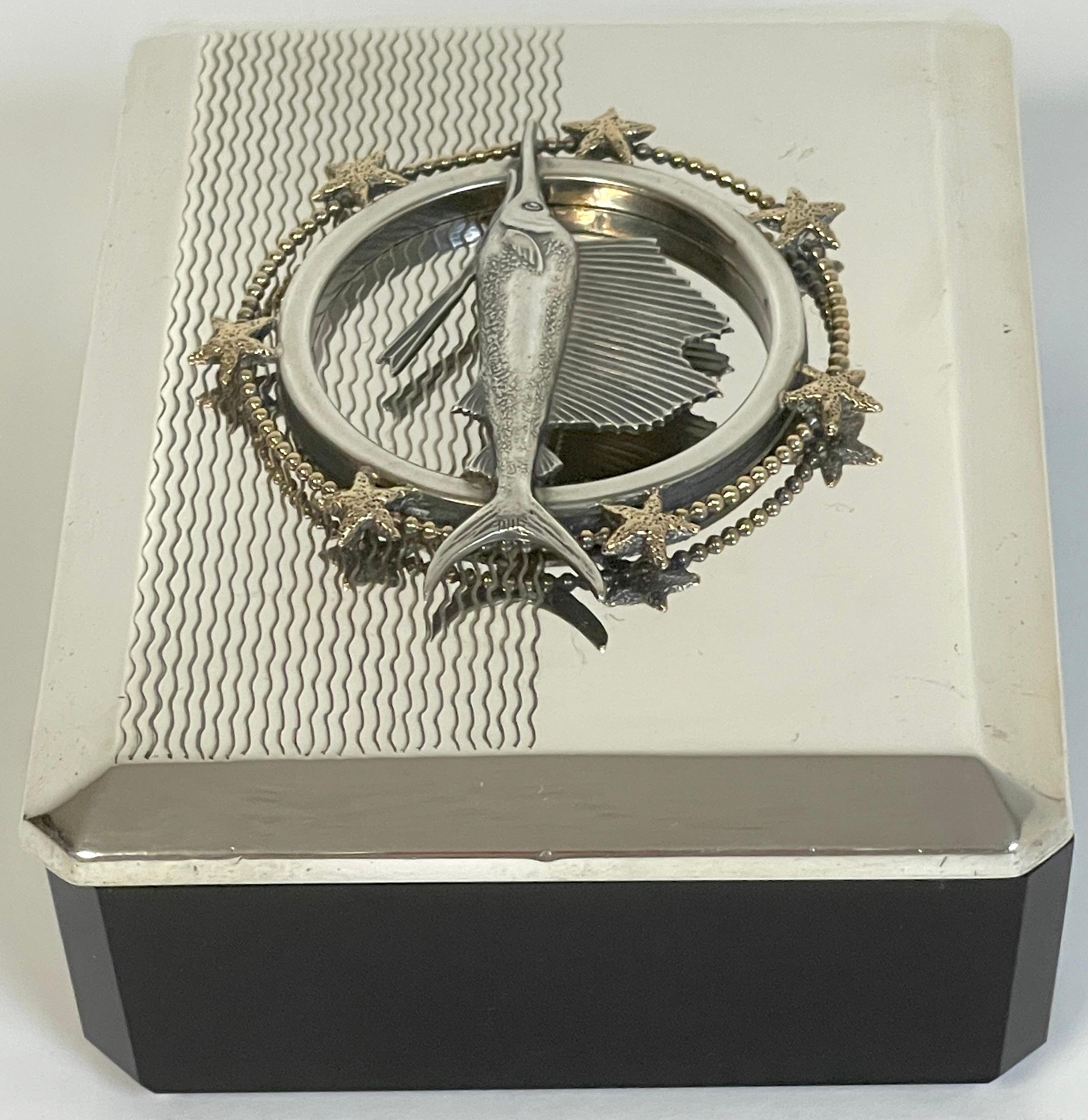 Sterling Silver Art Deco Sterling Sailfish & Black Amethyst Box by R. Blackington For Sale
