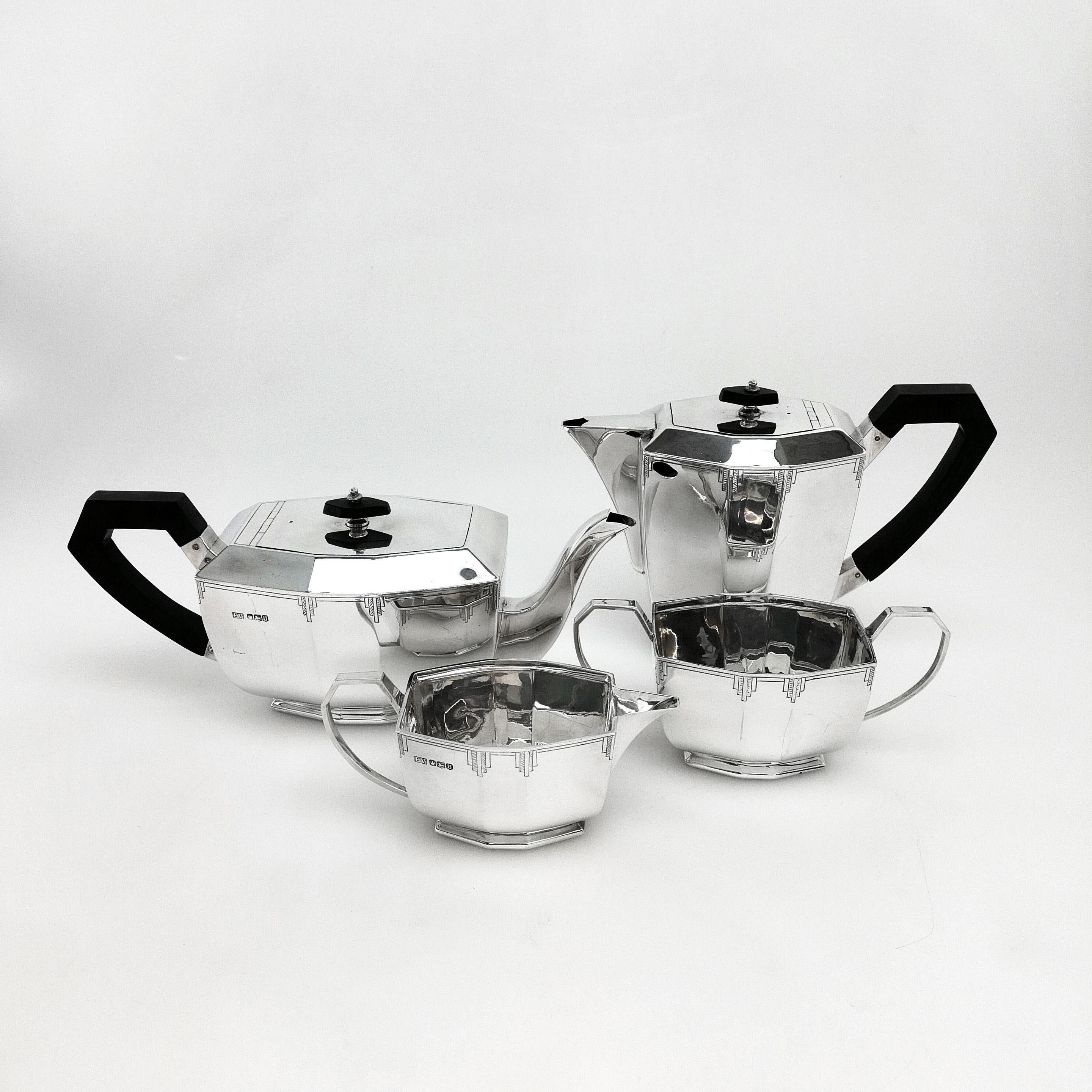 20th Century Art Deco Sterling Silver 4-Piece Tea and Coffee Set on Tray, 1961-1963