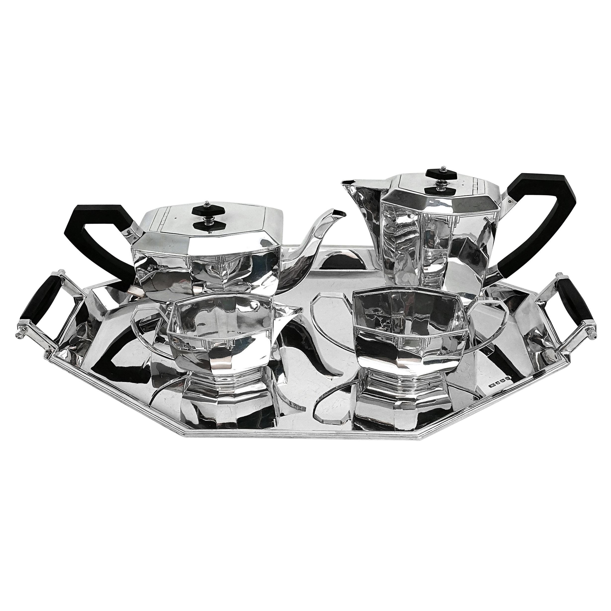 Art Deco Sterling Silver 4-Piece Tea and Coffee Set on Tray, 1961-1963