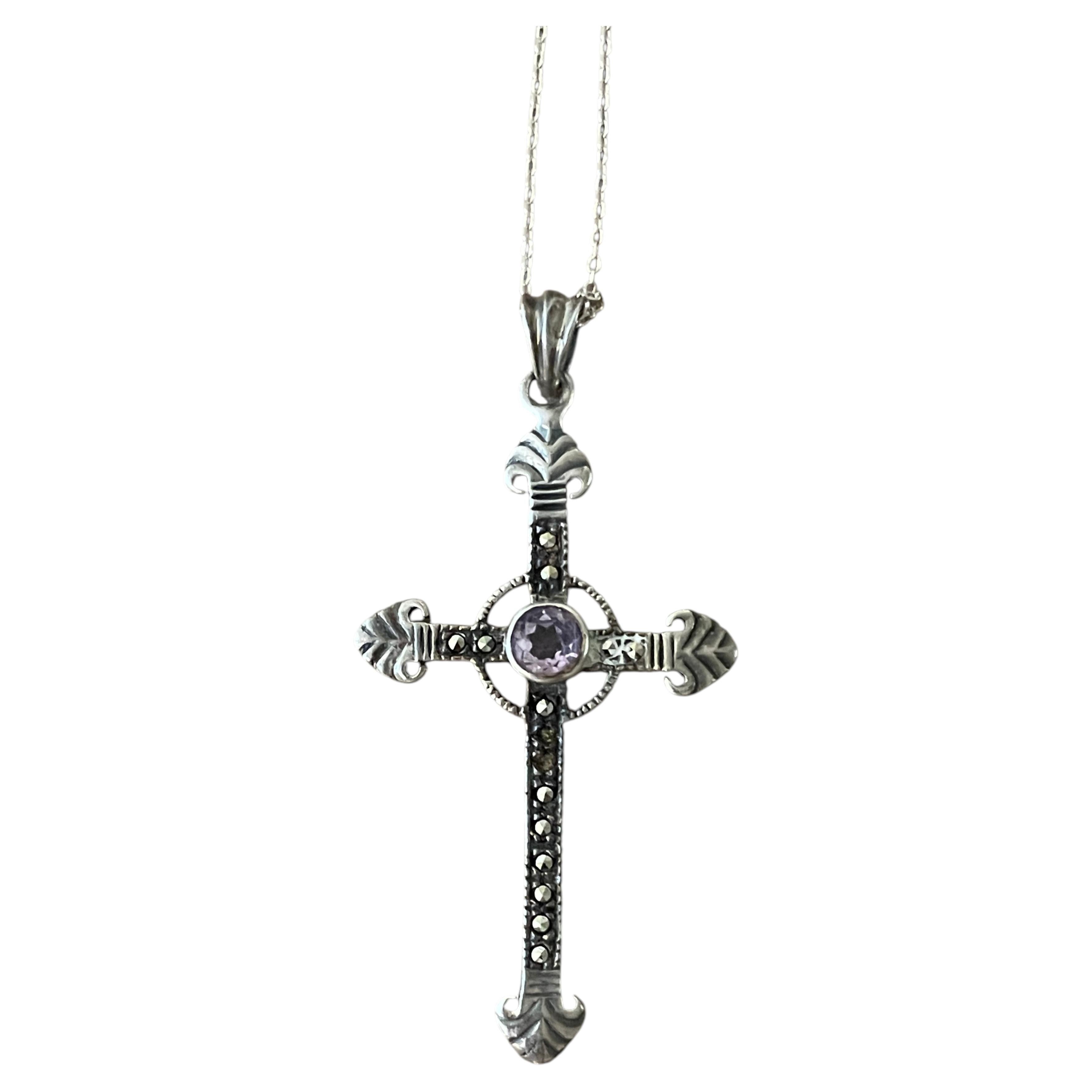 Art Deco Sterling Silver Amethyst Marcasite Cross Necklace 1930-1940