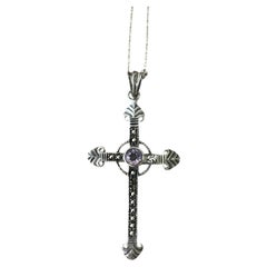 Art Deco Sterling Silver Amethyst Marcasite Cross Necklace 1930-1940