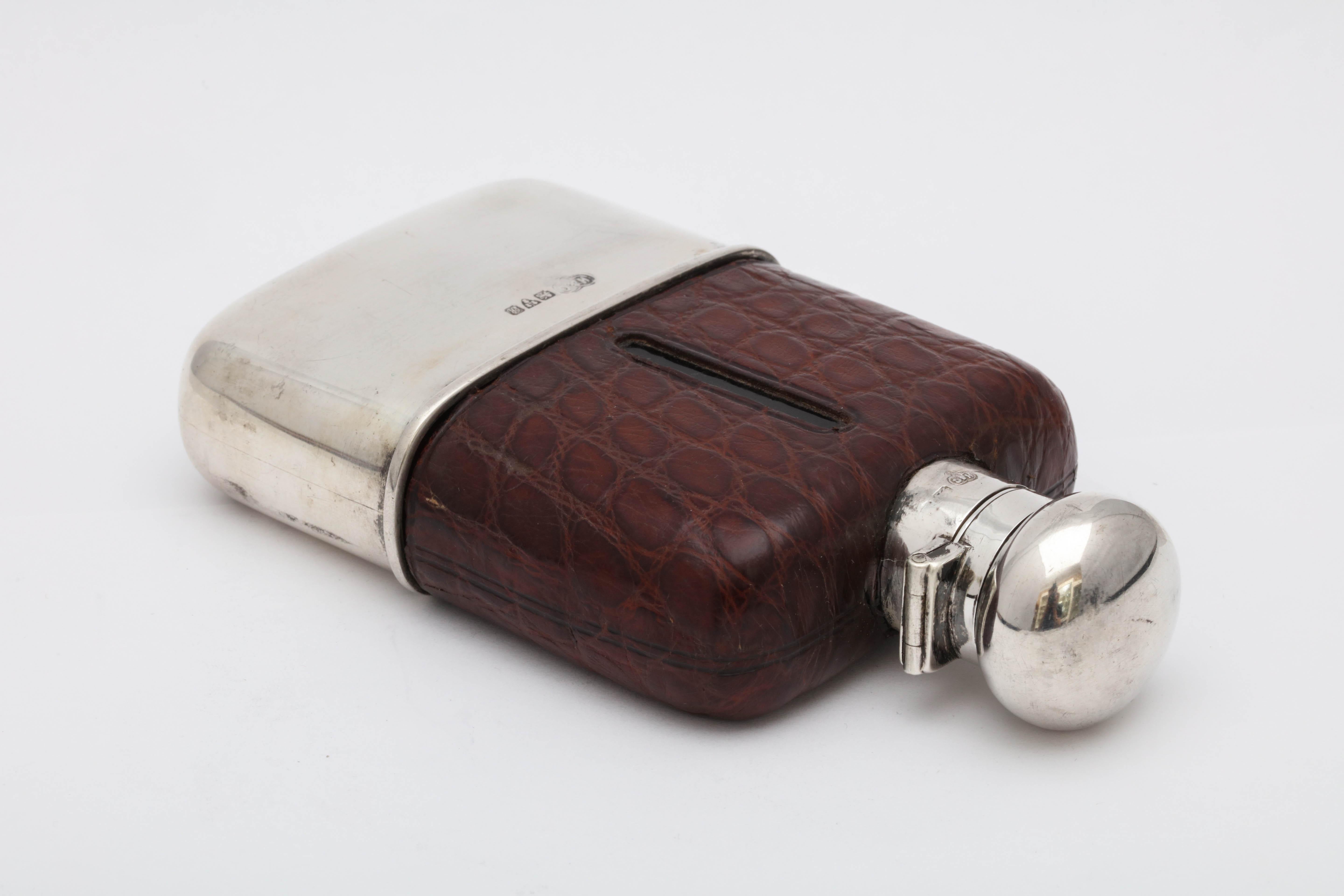 Art Deco Sterling Silver and Alligator-Mounted Glass Flask with Hinged Lid 5