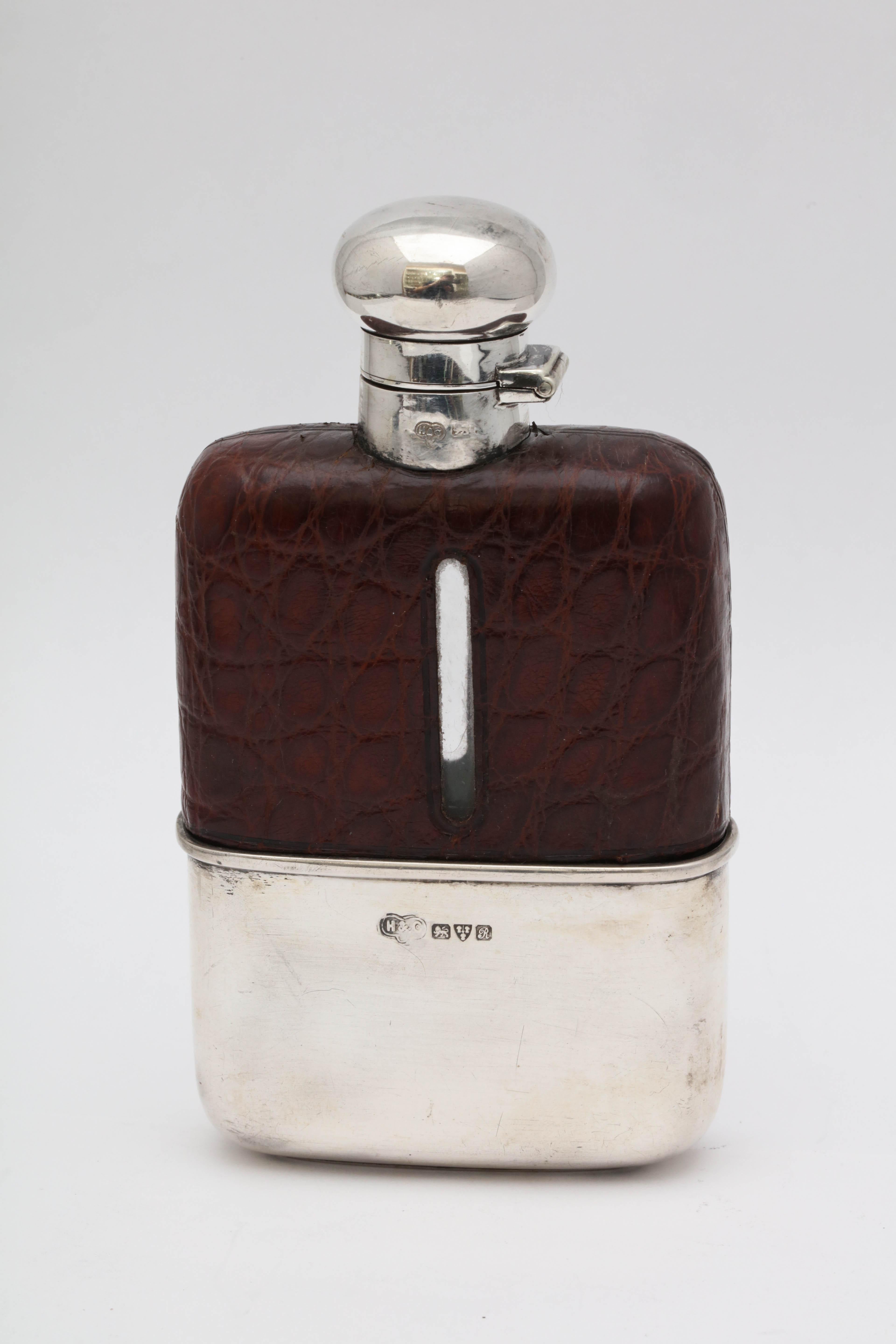 English Art Deco Sterling Silver and Alligator-Mounted Glass Flask with Hinged Lid