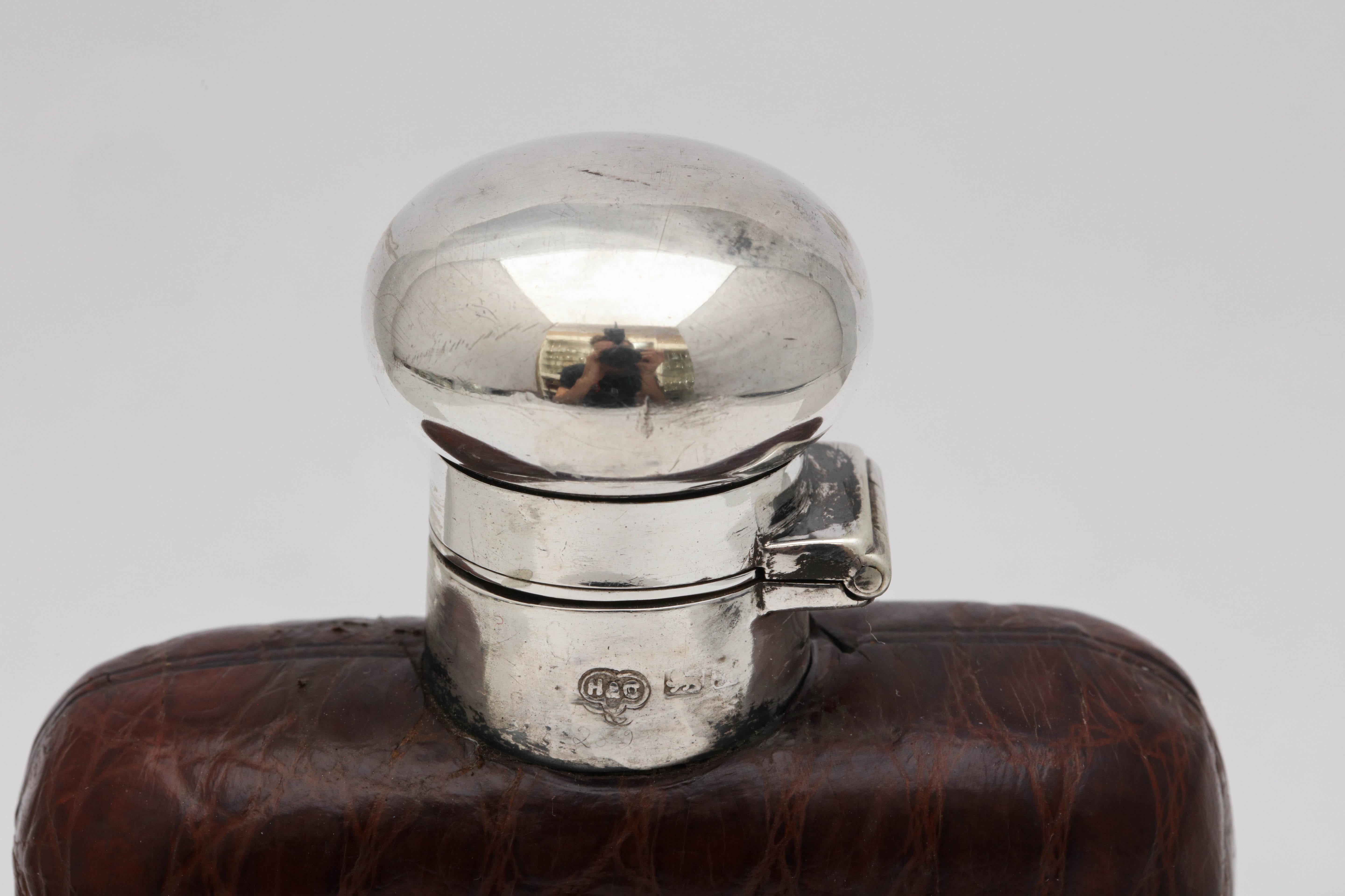 Early 20th Century Art Deco Sterling Silver and Alligator-Mounted Glass Flask with Hinged Lid