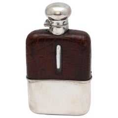 Art Deco Sterling Silver and Alligator-Mounted Glass Flask with Hinged Lid