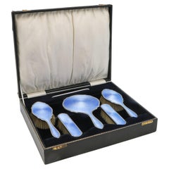 Art deco sterling silver and blue enamel dressing table set made in 1930