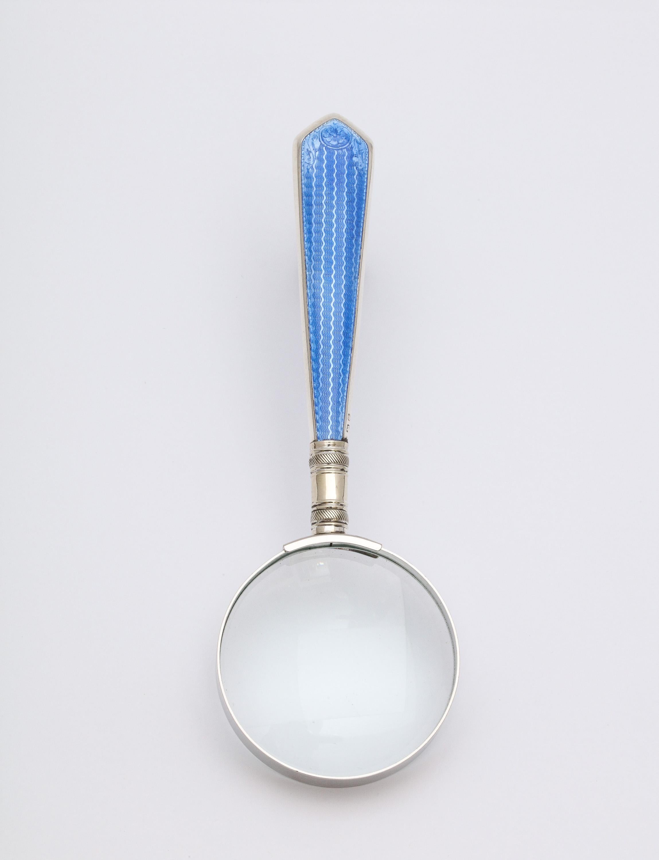Art Deco Sterling Silver and Blue Guilloche Enamel, Mounted Magnifying Glass 9