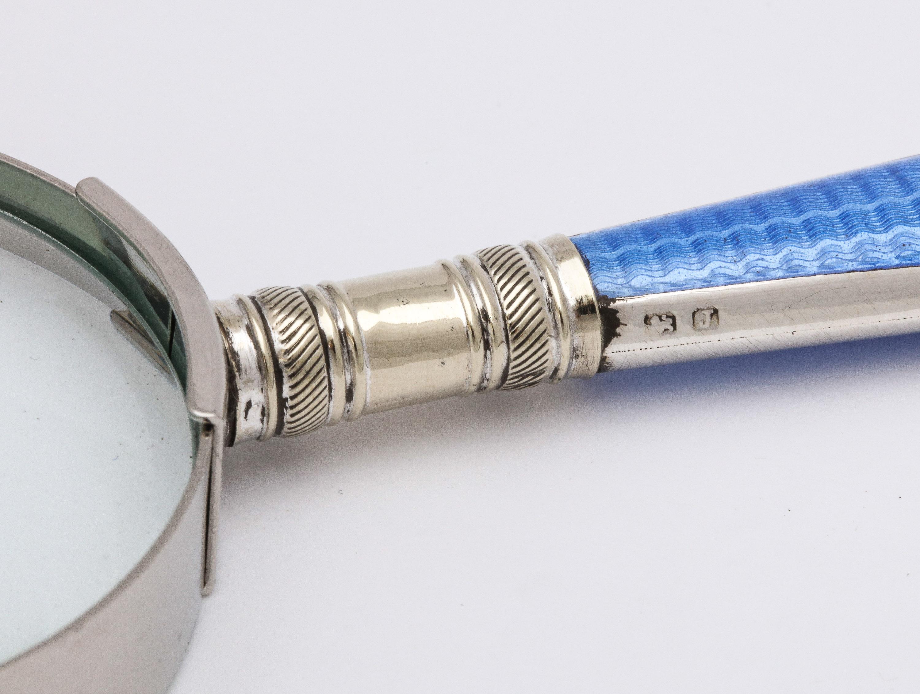 Mid-20th Century Art Deco Sterling Silver and Blue Guilloche Enamel, Mounted Magnifying Glass