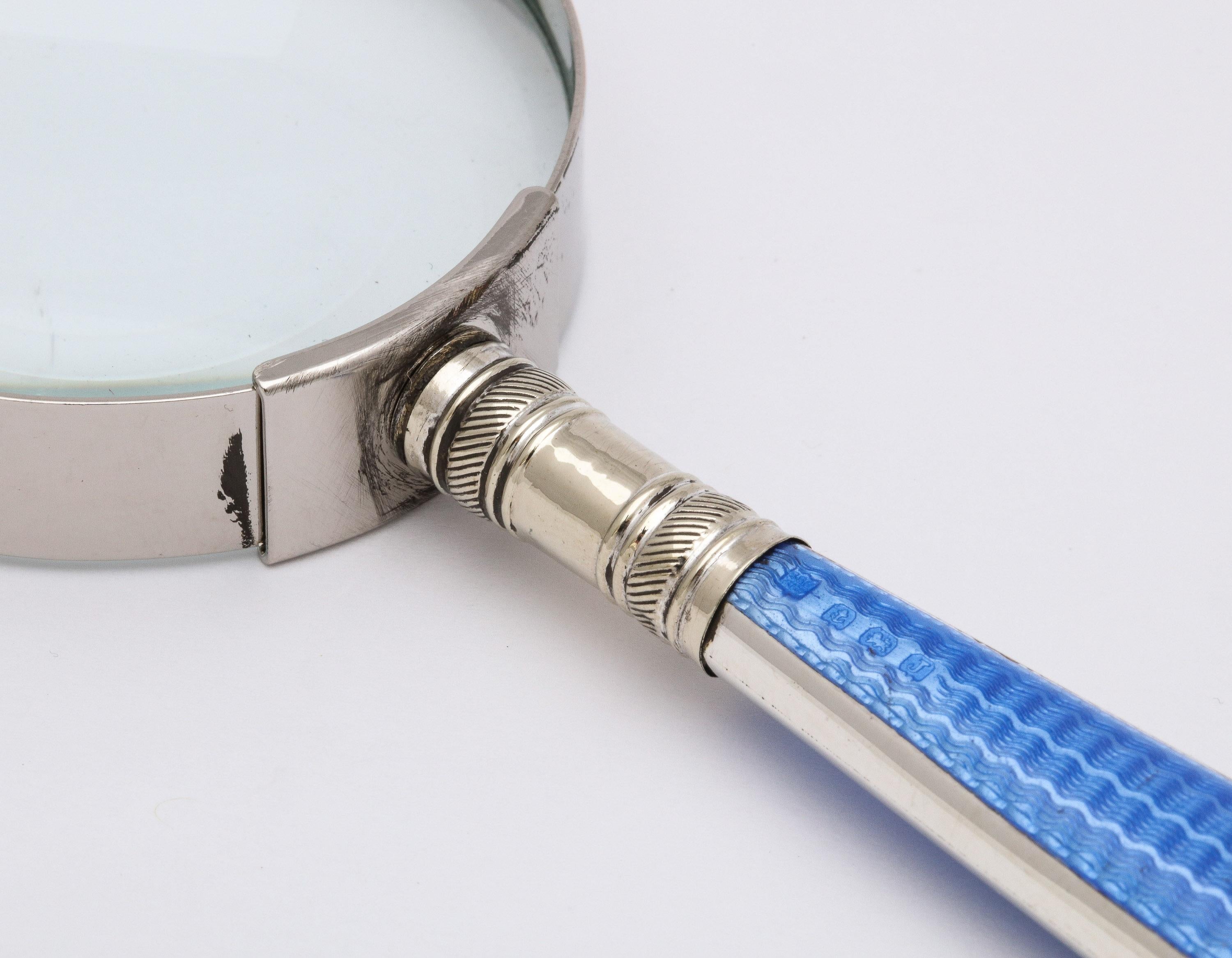 Metal Art Deco Sterling Silver and Blue Guilloche Enamel, Mounted Magnifying Glass
