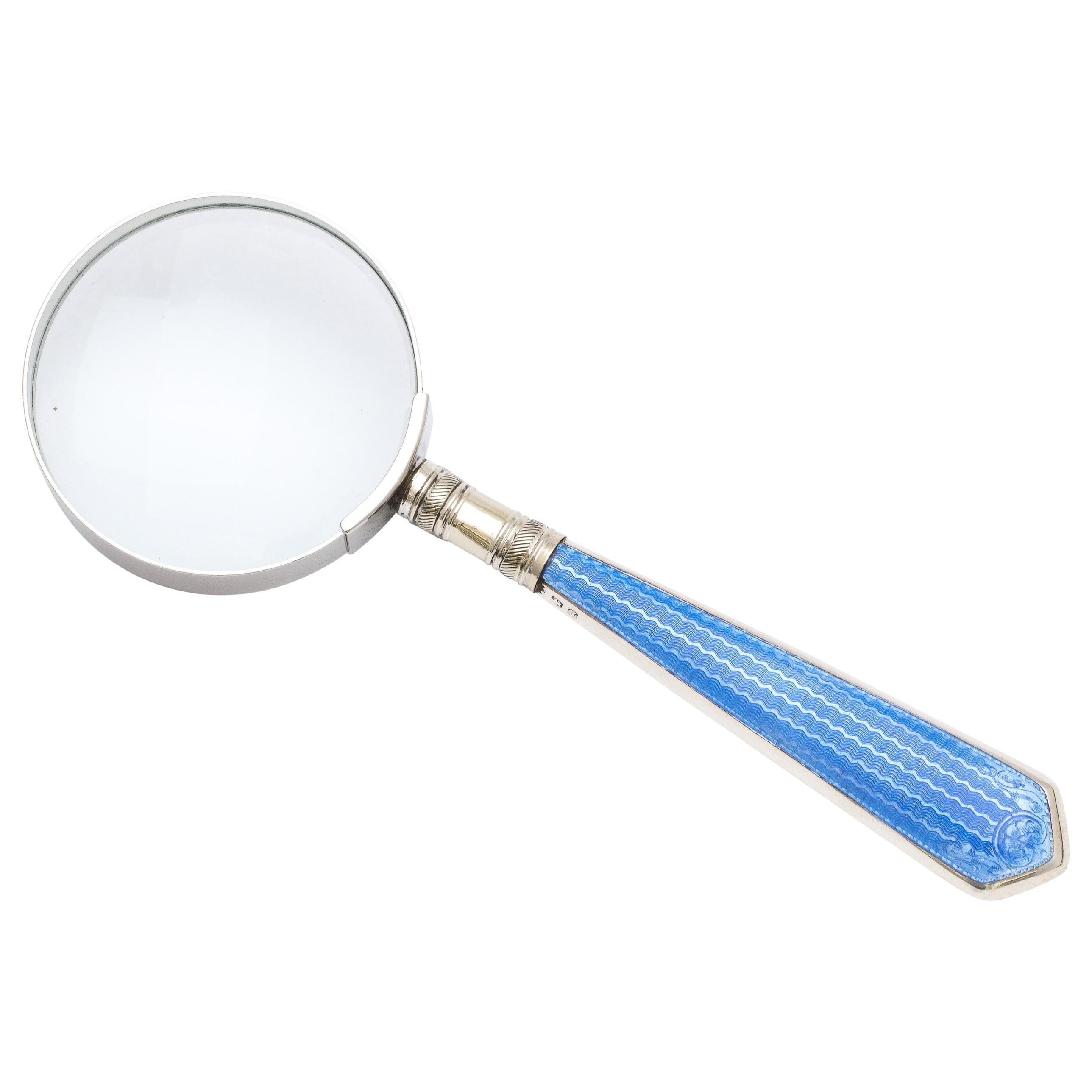 Art Deco Sterling Silver and Blue Guilloche Enamel, Mounted Magnifying Glass