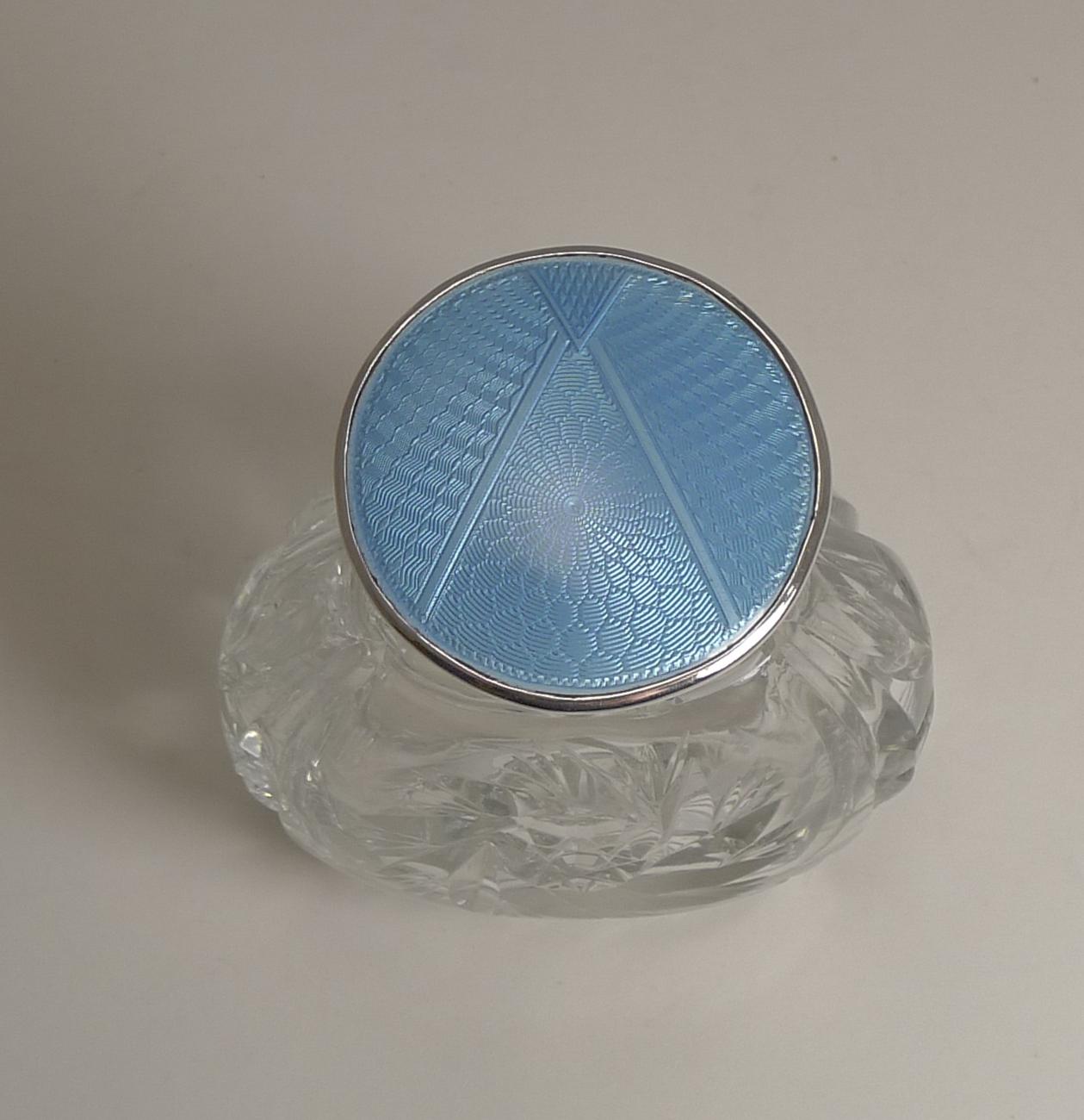 English Art Deco Sterling Silver and Blue Guilloche Enamel Topped Perfume Bottle