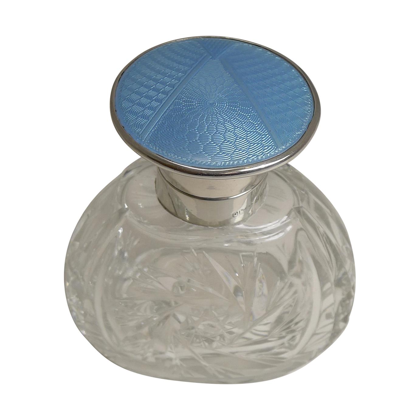 Art Deco Sterling Silver and Blue Guilloche Enamel Topped Perfume Bottle