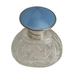 Art Deco Sterling Silver and Blue Guilloche Enamel Topped Perfume Bottle