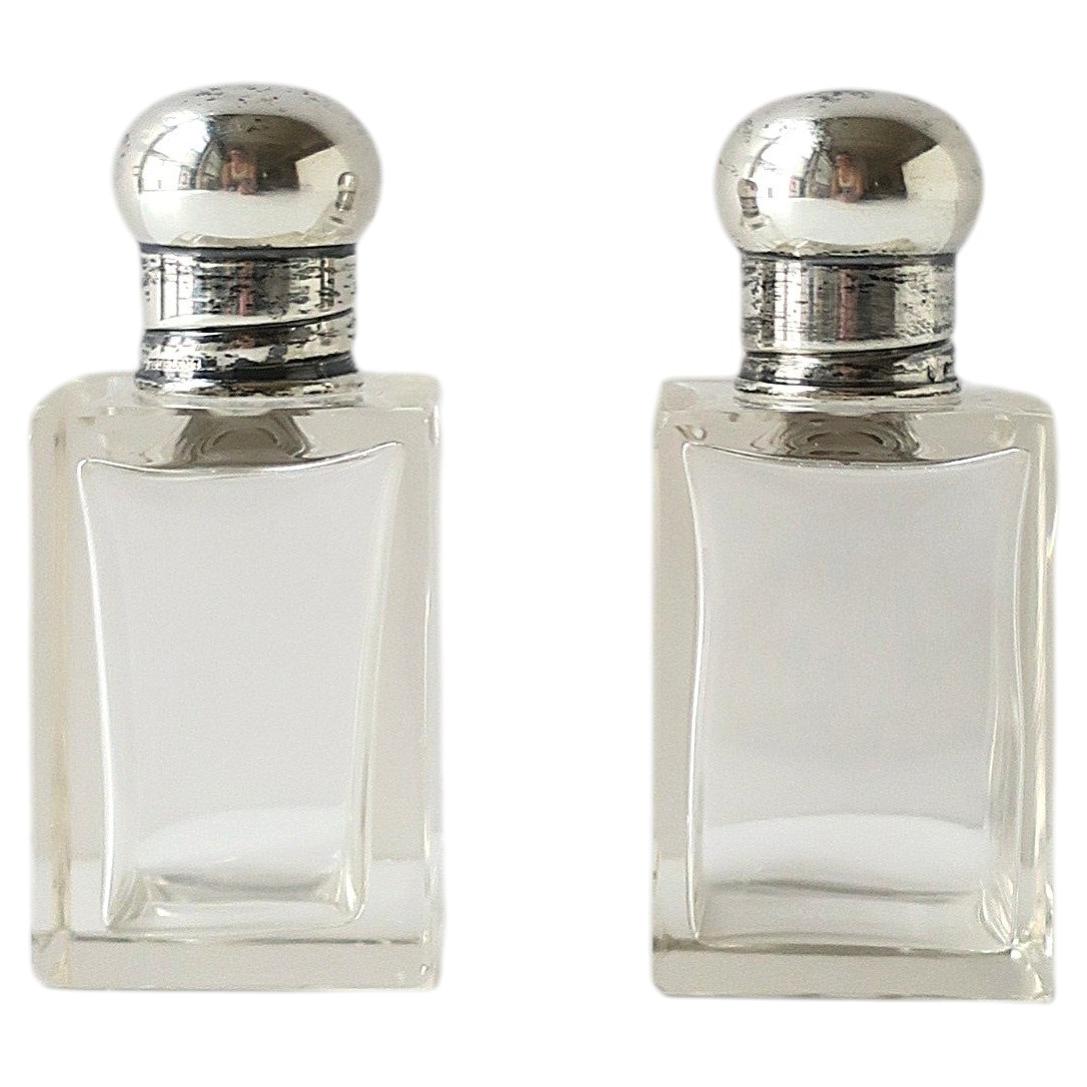 Art Deco Sterling Silver and Crystal Perfume or Cologne Bottles, ca Early 20th C