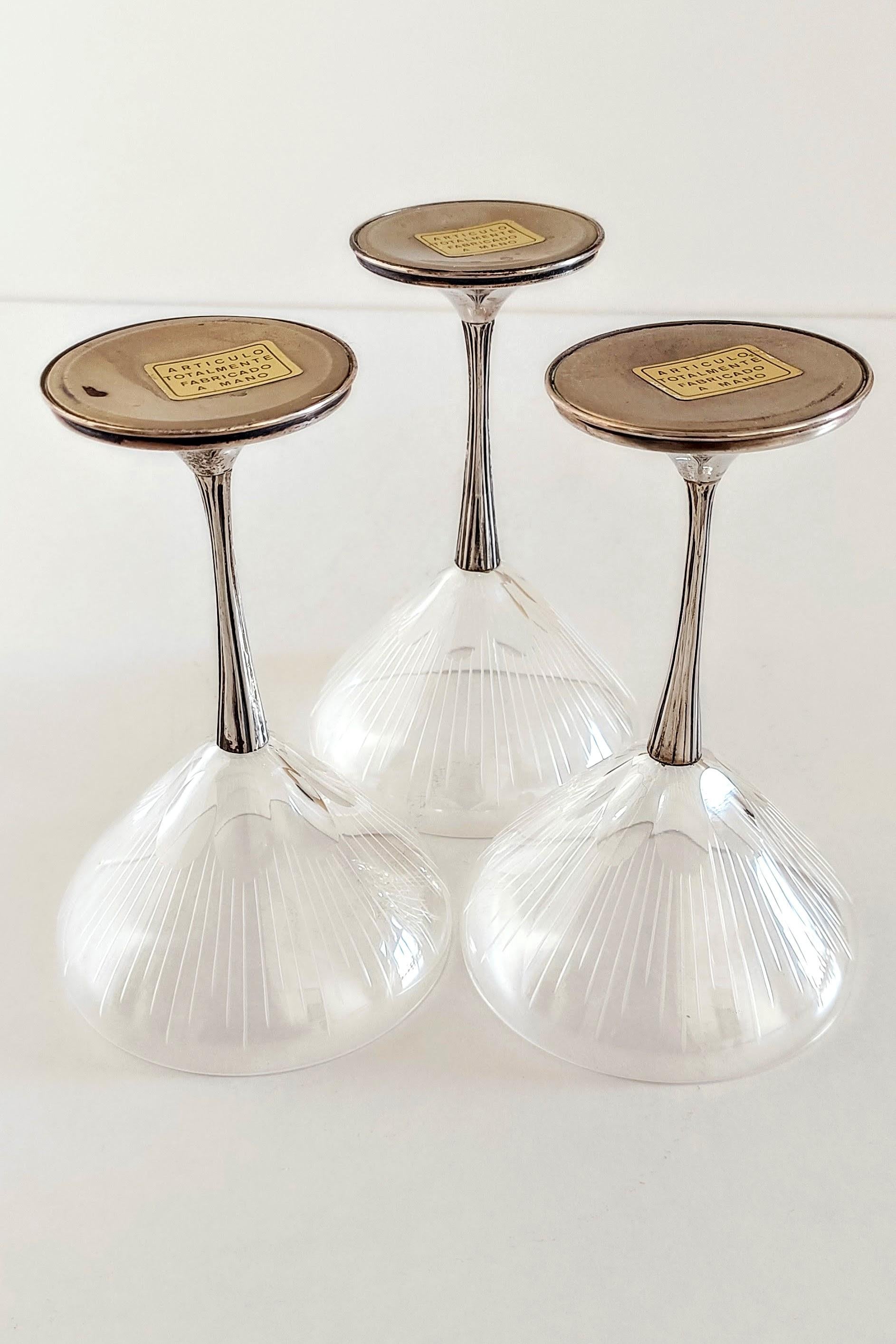 Copas de Champaña Art Decó de Plata de Ley y Cristal Tallado Hechas a Mano, España Años 30 en venta 8