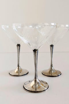 Art Deco Sterling Silver And Cut Cristal Handmade Champaign Glasses, Spain 1930s
