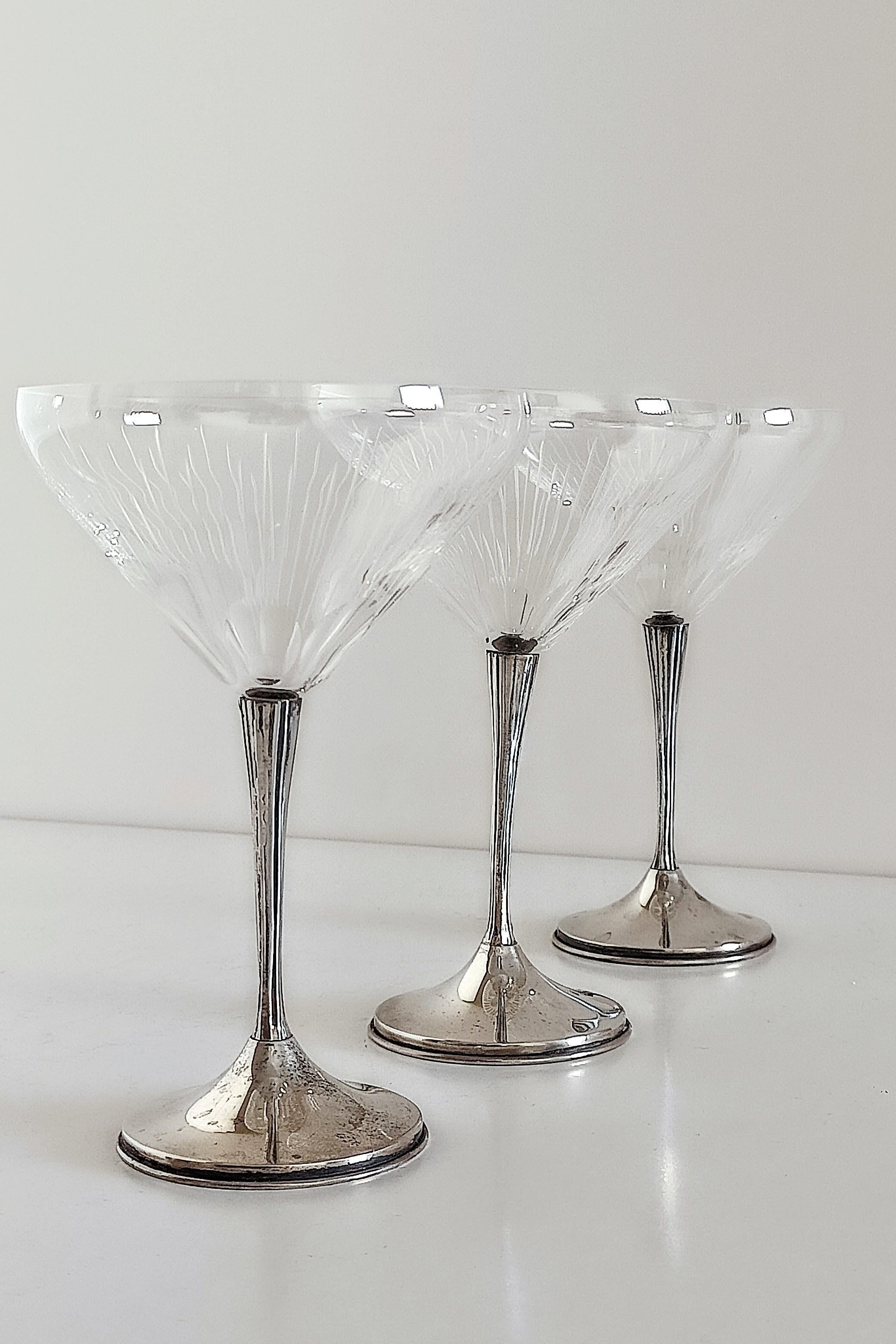Copas de Champaña Art Decó de Plata de Ley y Cristal Tallado Hechas a Mano, España Años 30 en Excelente estado para la venta en Valencia, VC