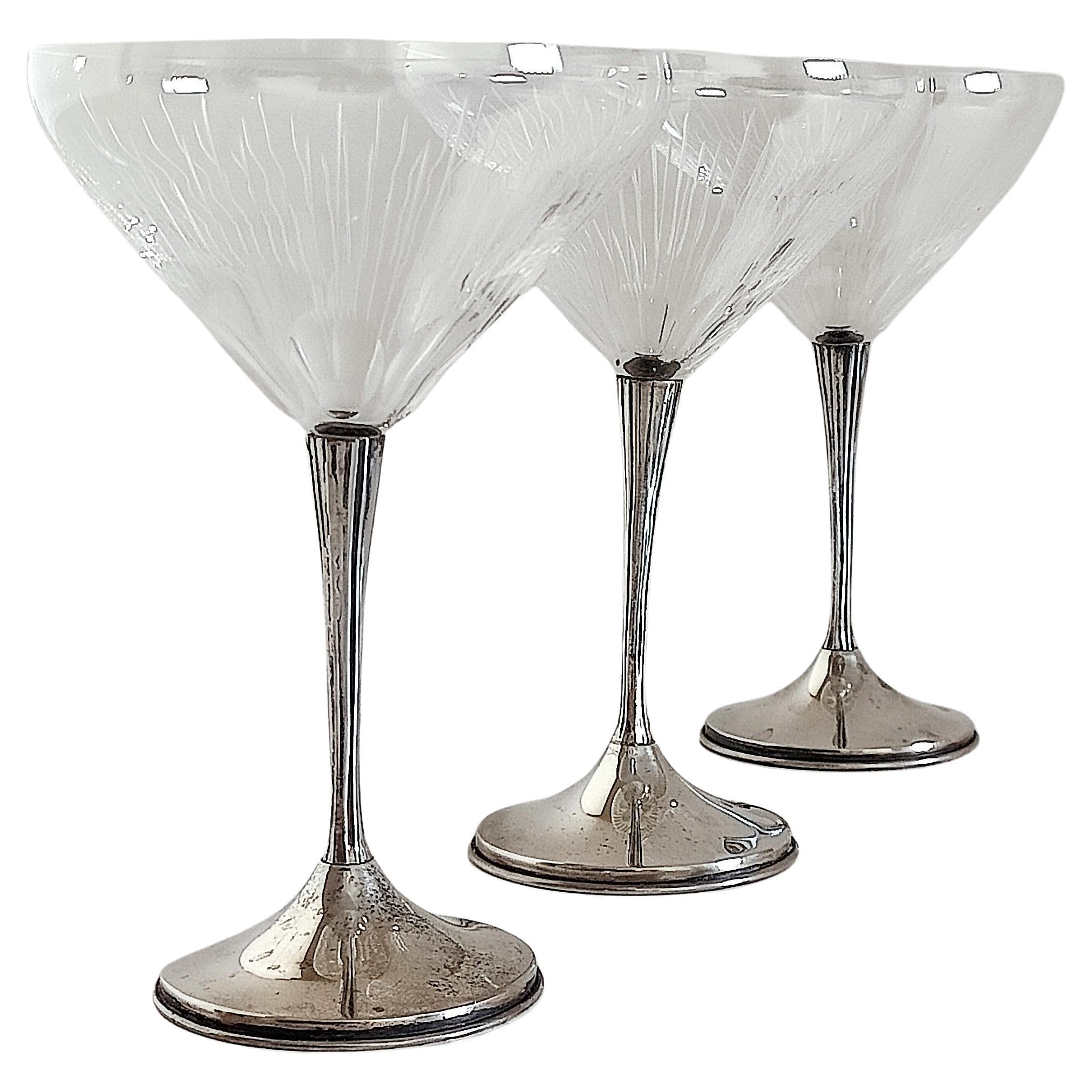 Art Deco Sterling Silver And Cut Cristal Handmade Champaign Glasses, Spain 1930s