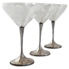 Copas de Champaña Art Decó de Plata de Ley y Cristal Tallado Hechas a Mano, España Años 30