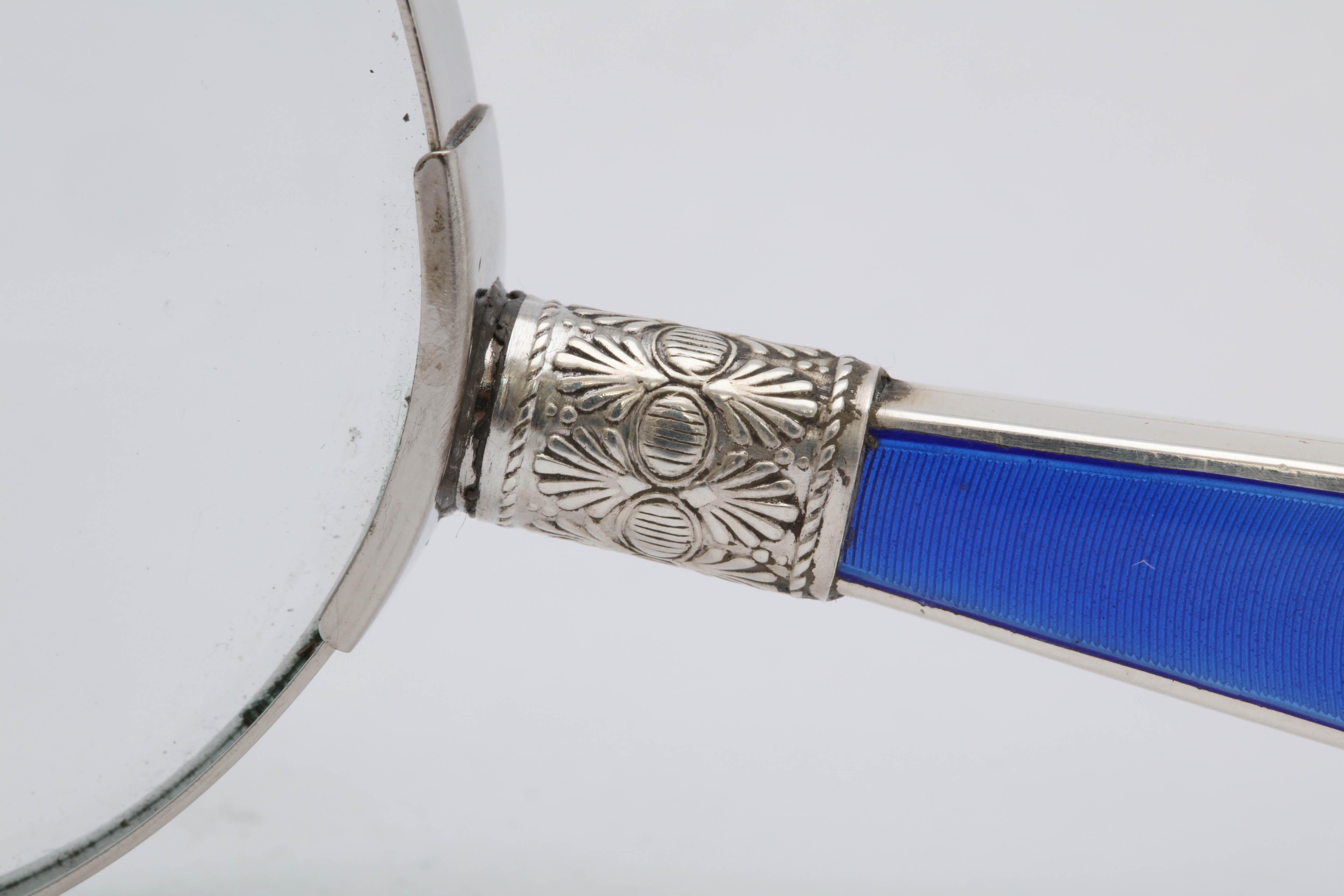 English Art Deco Sterling Silver and Deep Blue Guilloche Enamel-Mounted Magnifying Glass