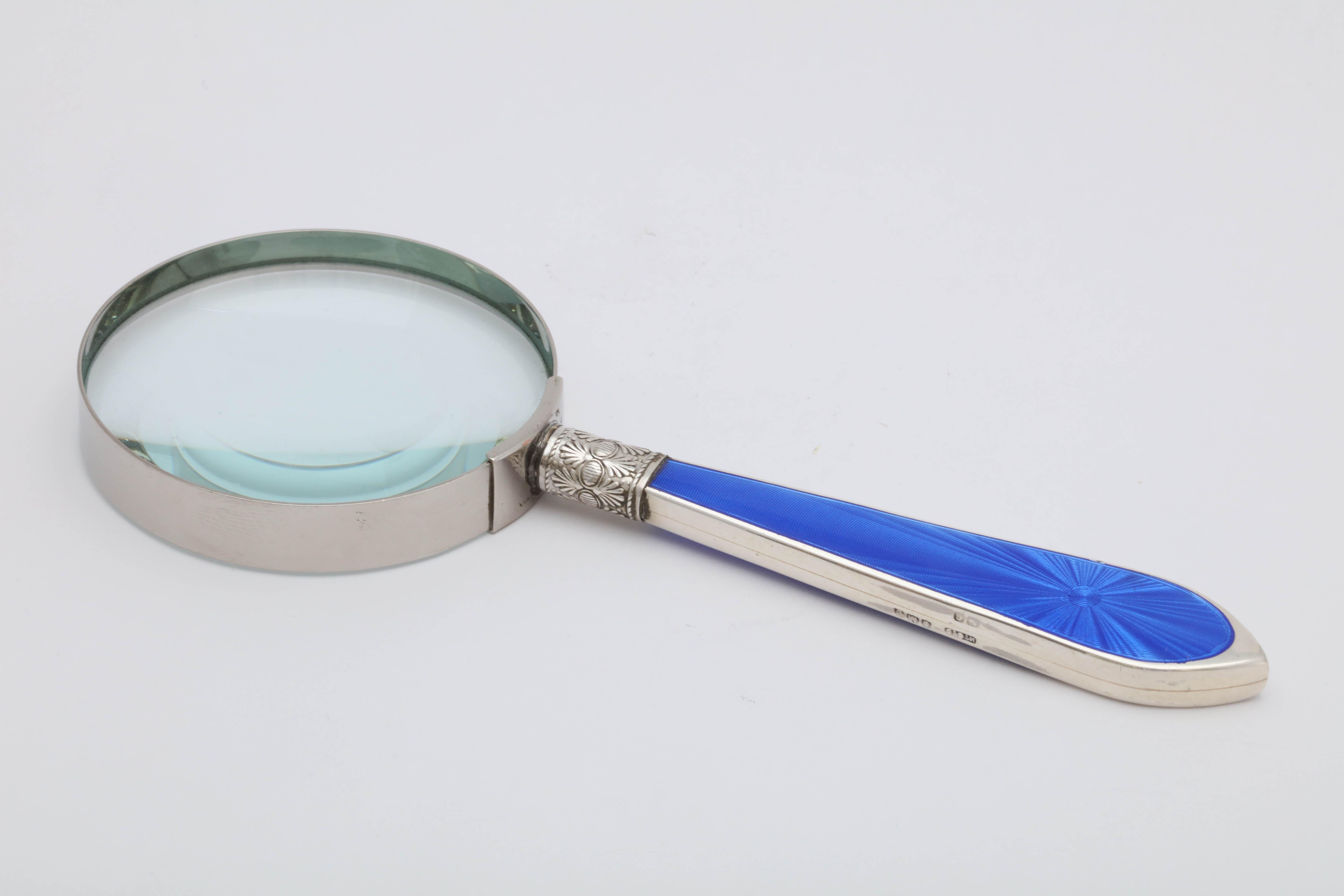 Art Deco Sterling Silver and Deep Blue Guilloche Enamel-Mounted Magnifying Glass 1