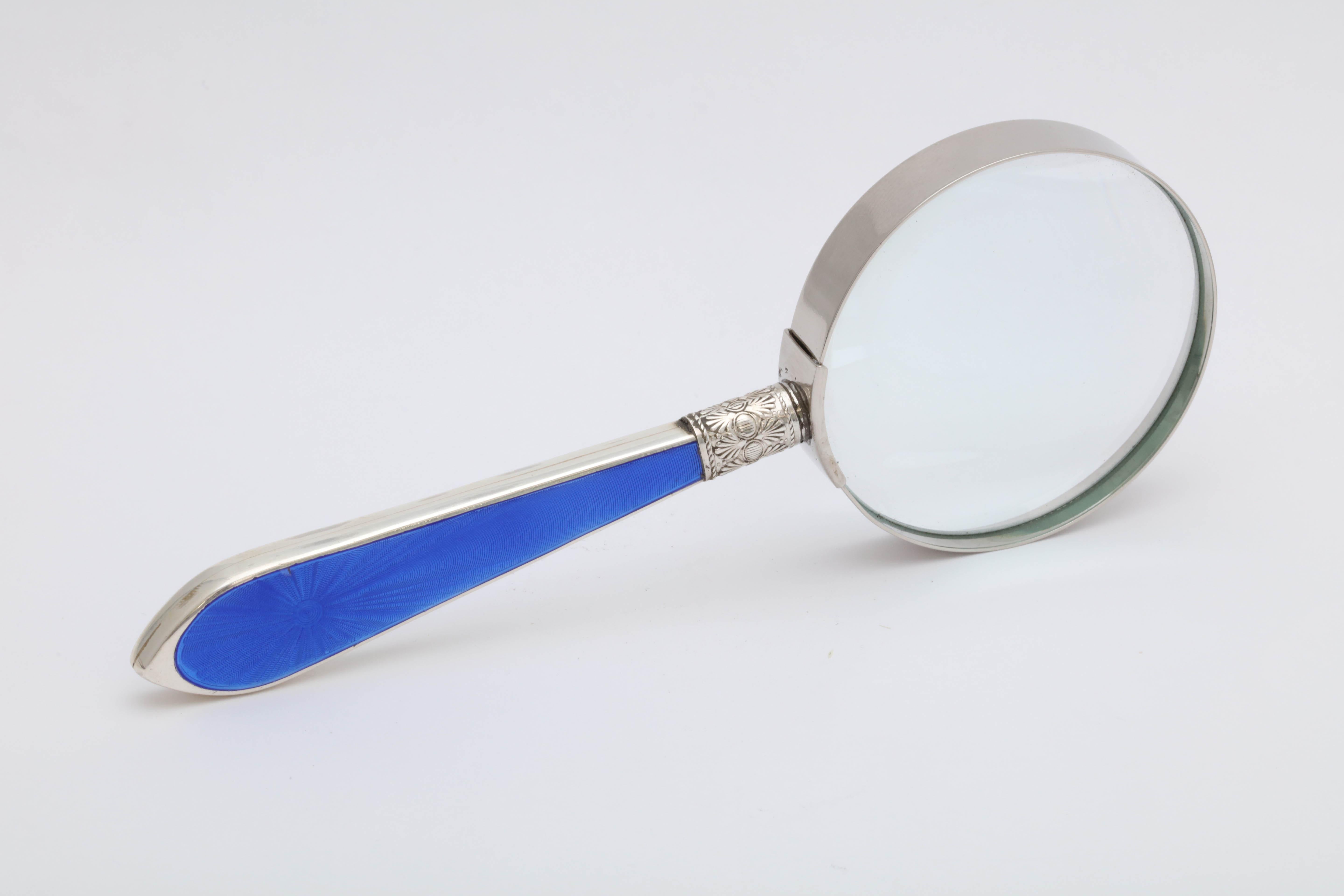 Art Deco Sterling Silver and Deep Blue Guilloche Enamel-Mounted Magnifying Glass 2