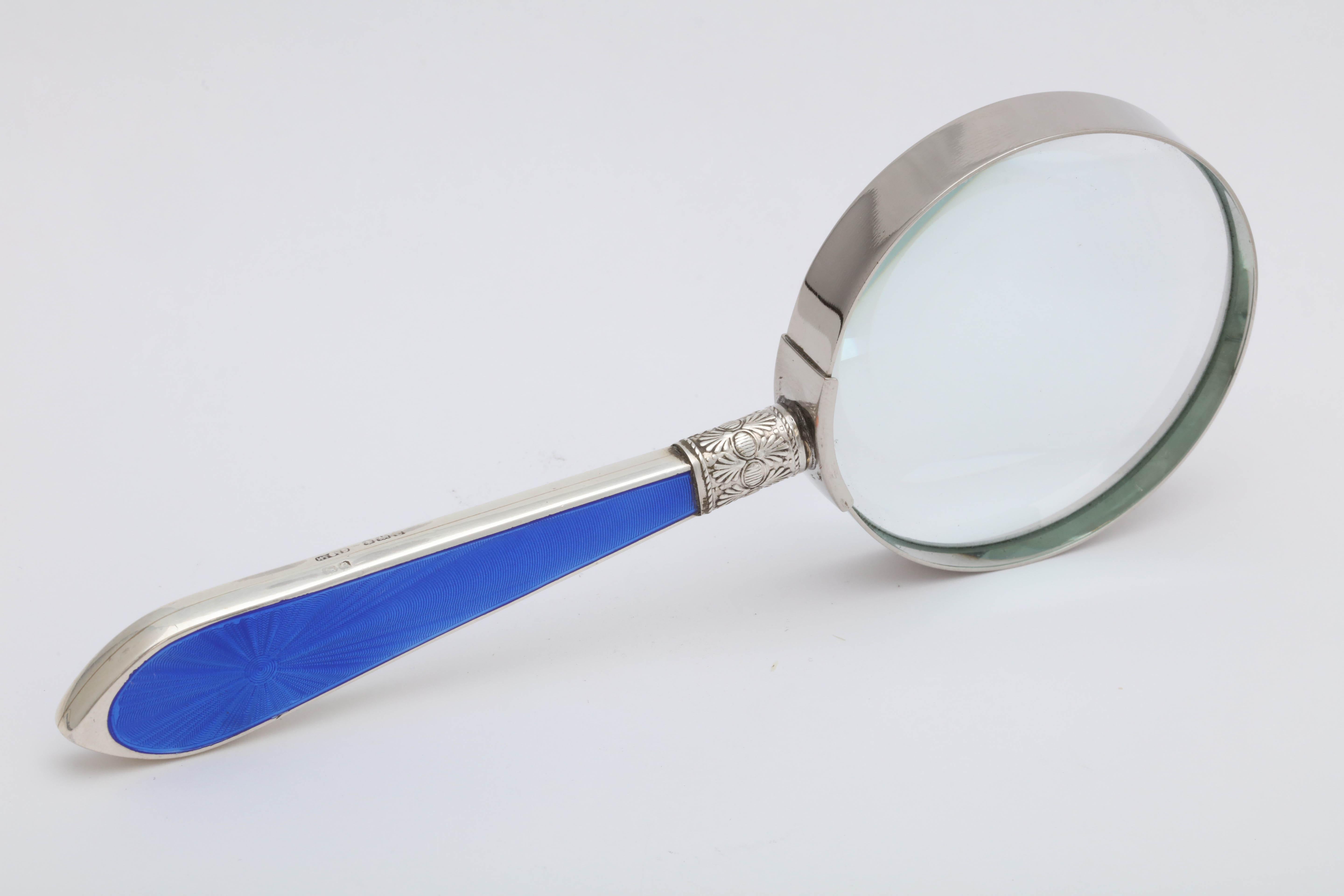 Art Deco Sterling Silver and Deep Blue Guilloche Enamel-Mounted Magnifying Glass 3
