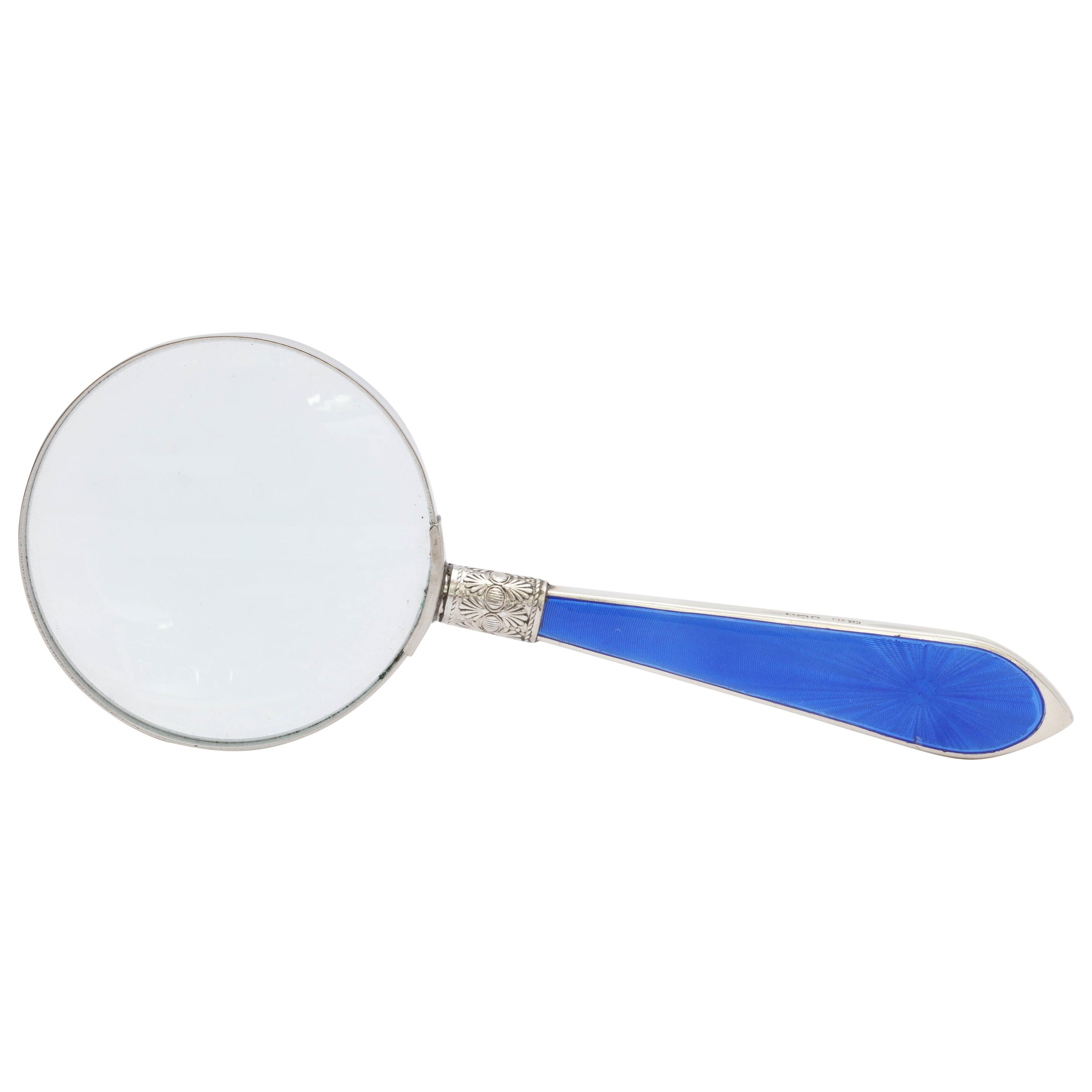 Art Deco Sterling Silver and Deep Blue Guilloche Enamel-Mounted Magnifying Glass