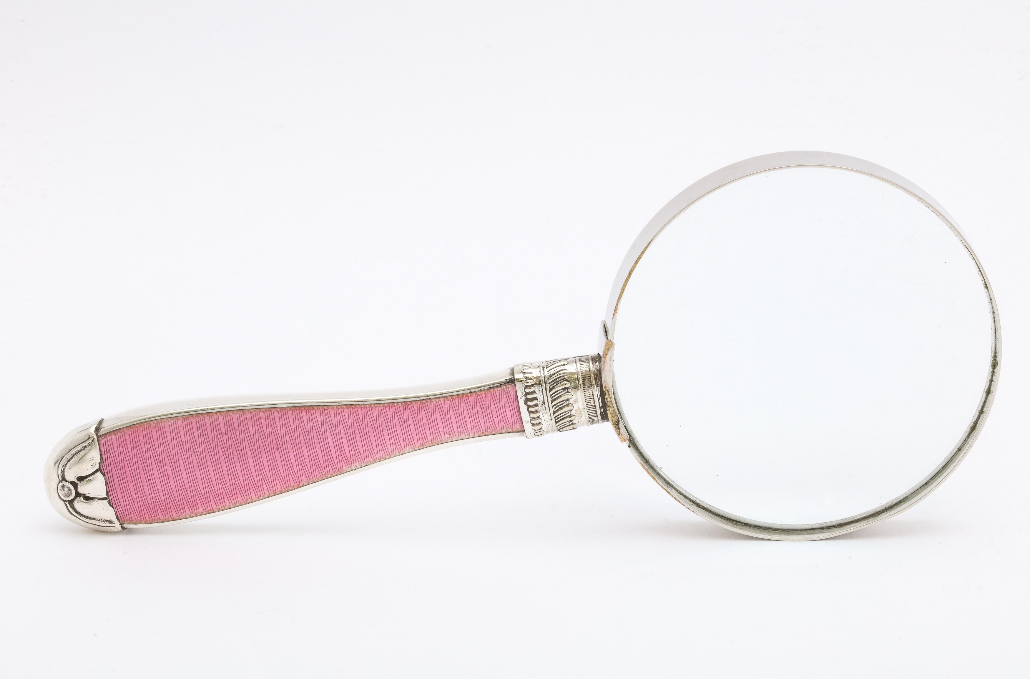 English Art Deco Sterling Silver and Deep Pink Enamel-Mounted Magnifying Glass