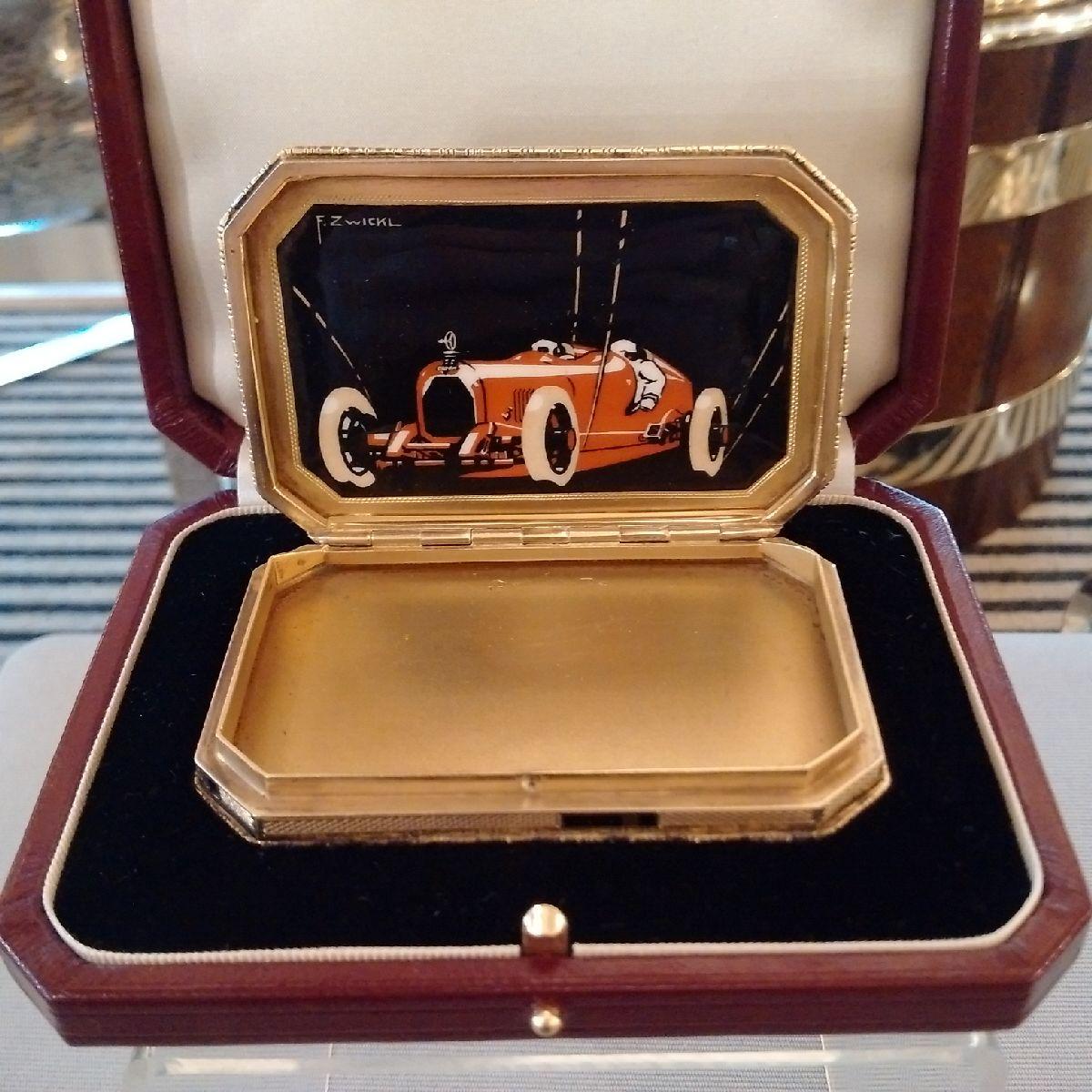 Gilt Art Deco Sterling Silver and Enamel Austro-Daimler Racing Car Pillbox, 1928