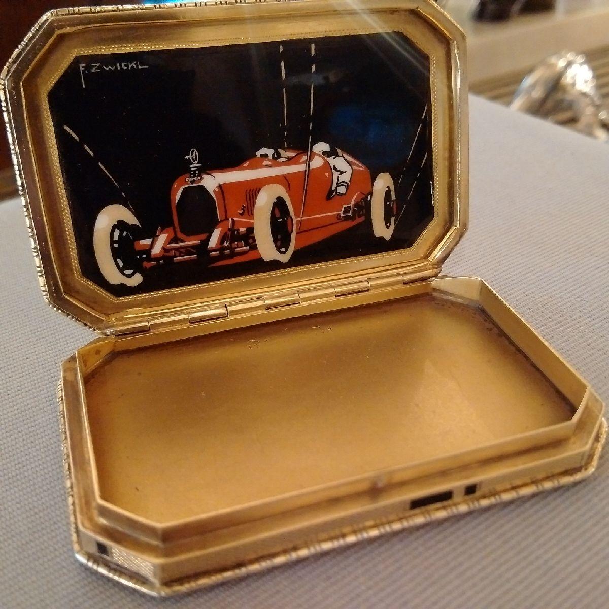 Art Deco Sterling Silver and Enamel Austro-Daimler Racing Car Pillbox, 1928 In Good Condition In London, GB