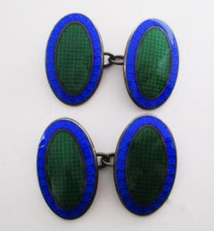 Gemelli Art Deco in argento sterling e smalto con motivo a griglia blu e verde