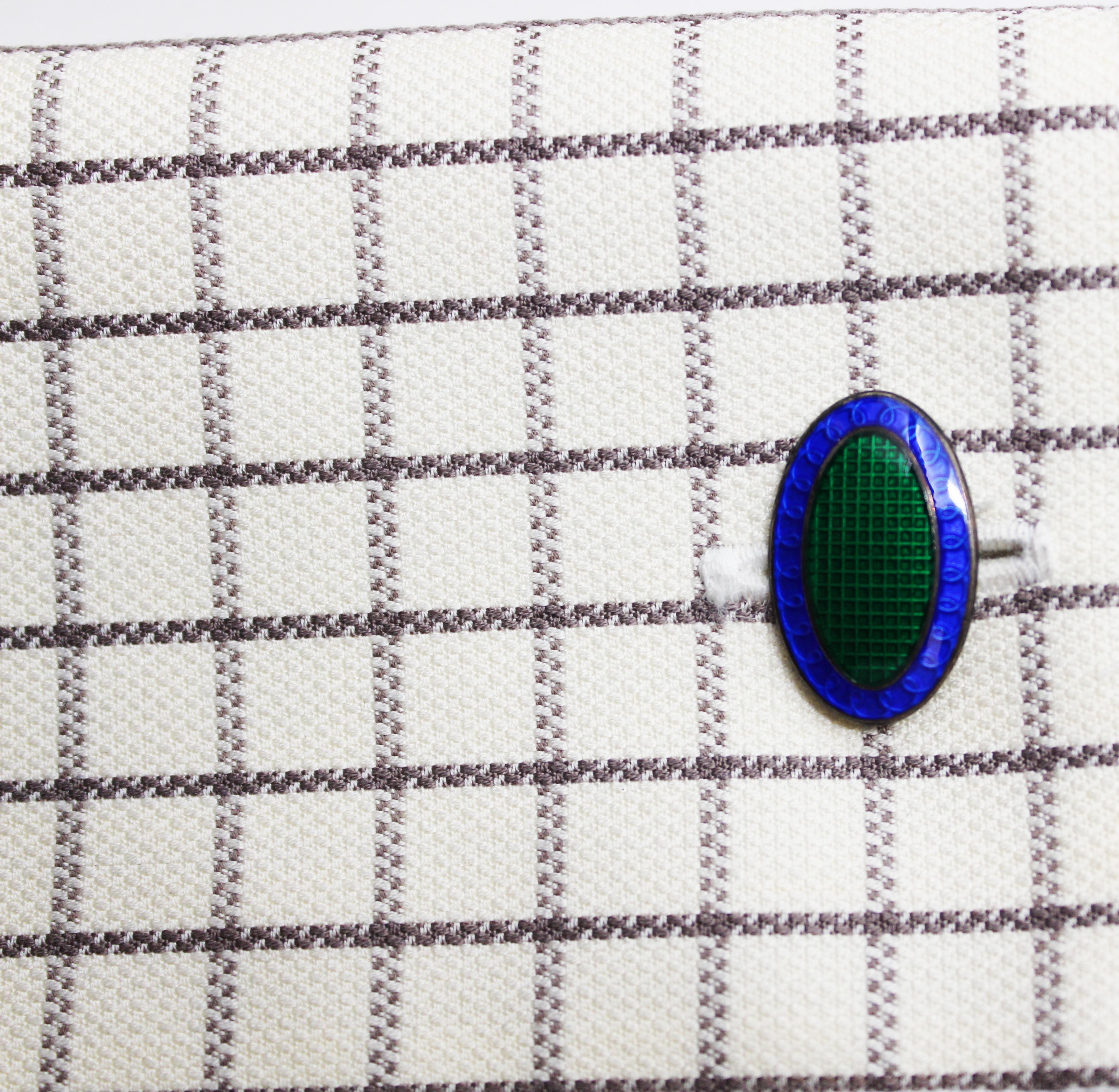 Art Deco Sterling Silver and Enamel Blue and Green Grid Pattern Cufflinks In Good Condition For Sale In Lexington, KY