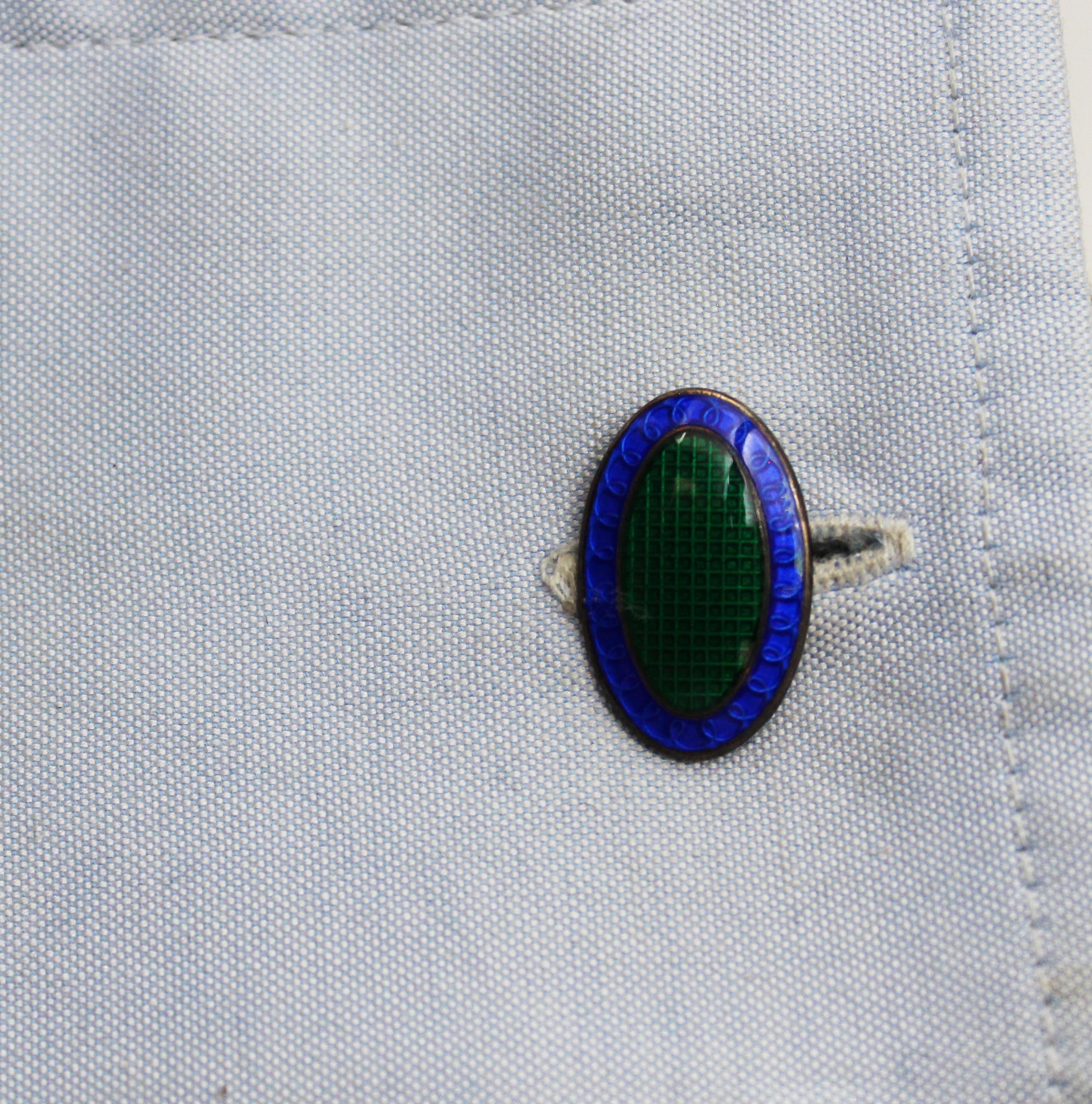 Women's or Men's Art Deco Sterling Silver and Enamel Blue and Green Grid Pattern Cufflinks For Sale