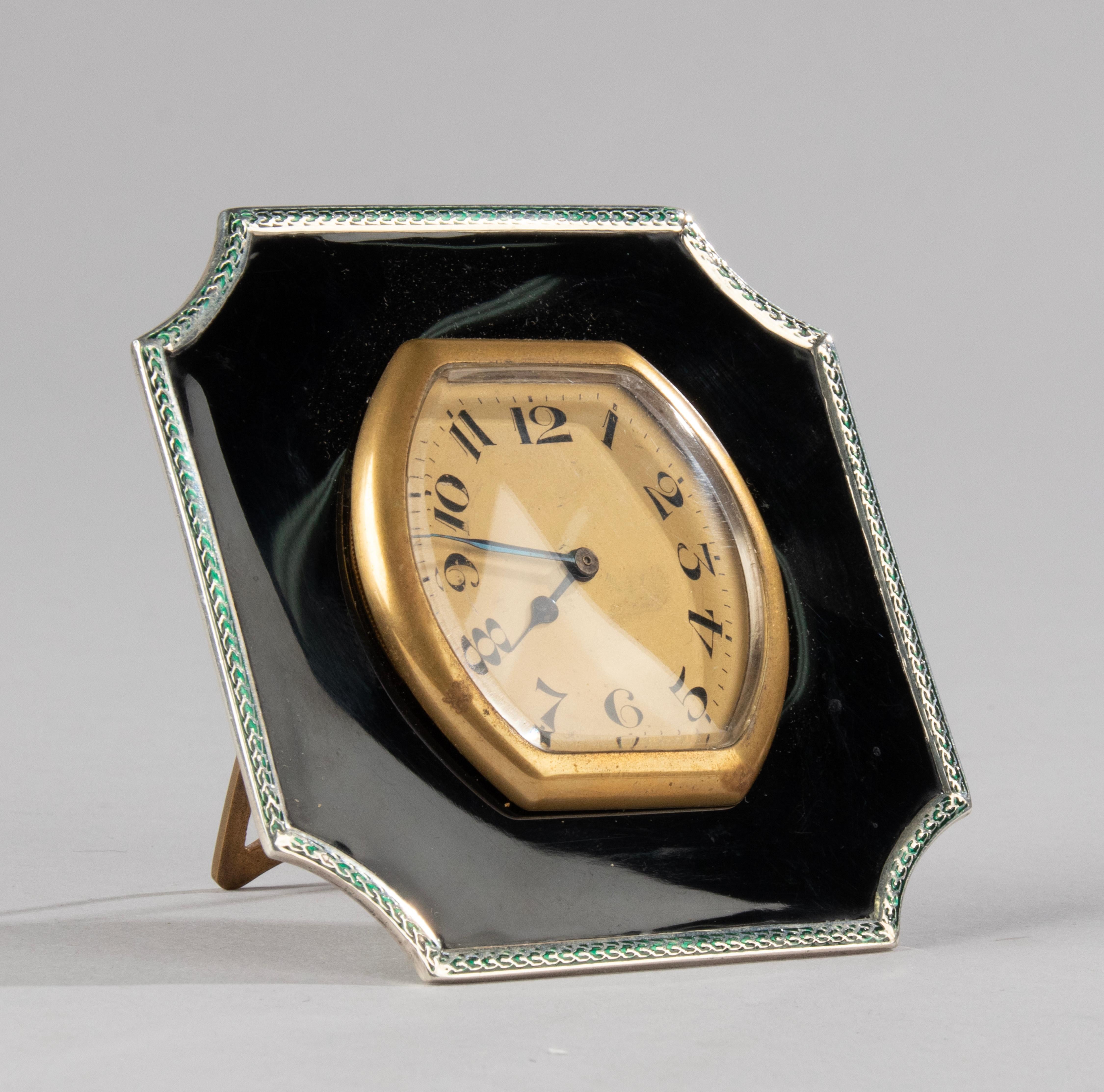 Art Deco Sterling Silver and Enameld Table Clock - Birmingham 1928  5