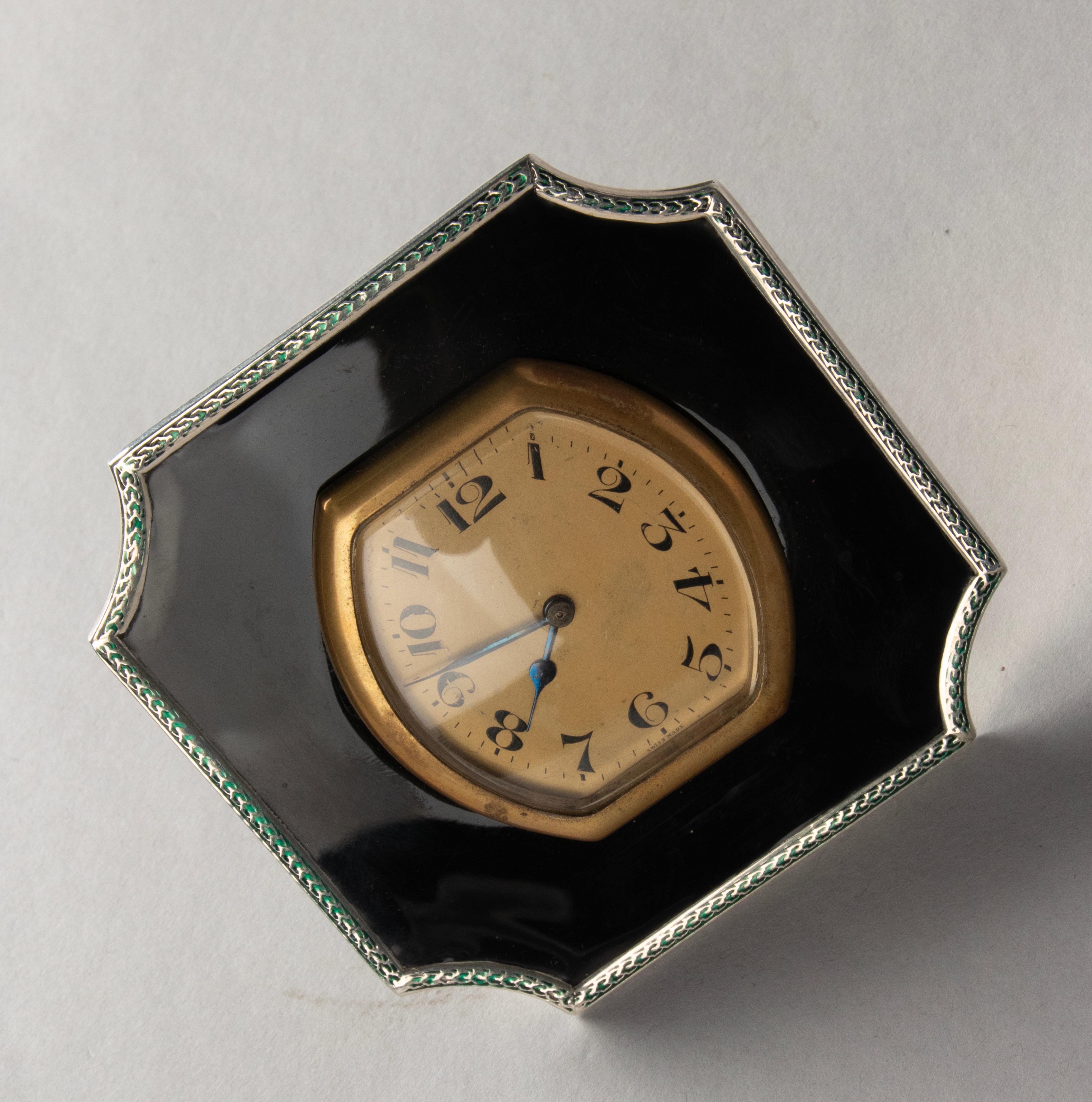 Art Deco Sterling Silver and Enameld Table Clock - Birmingham 1928  6