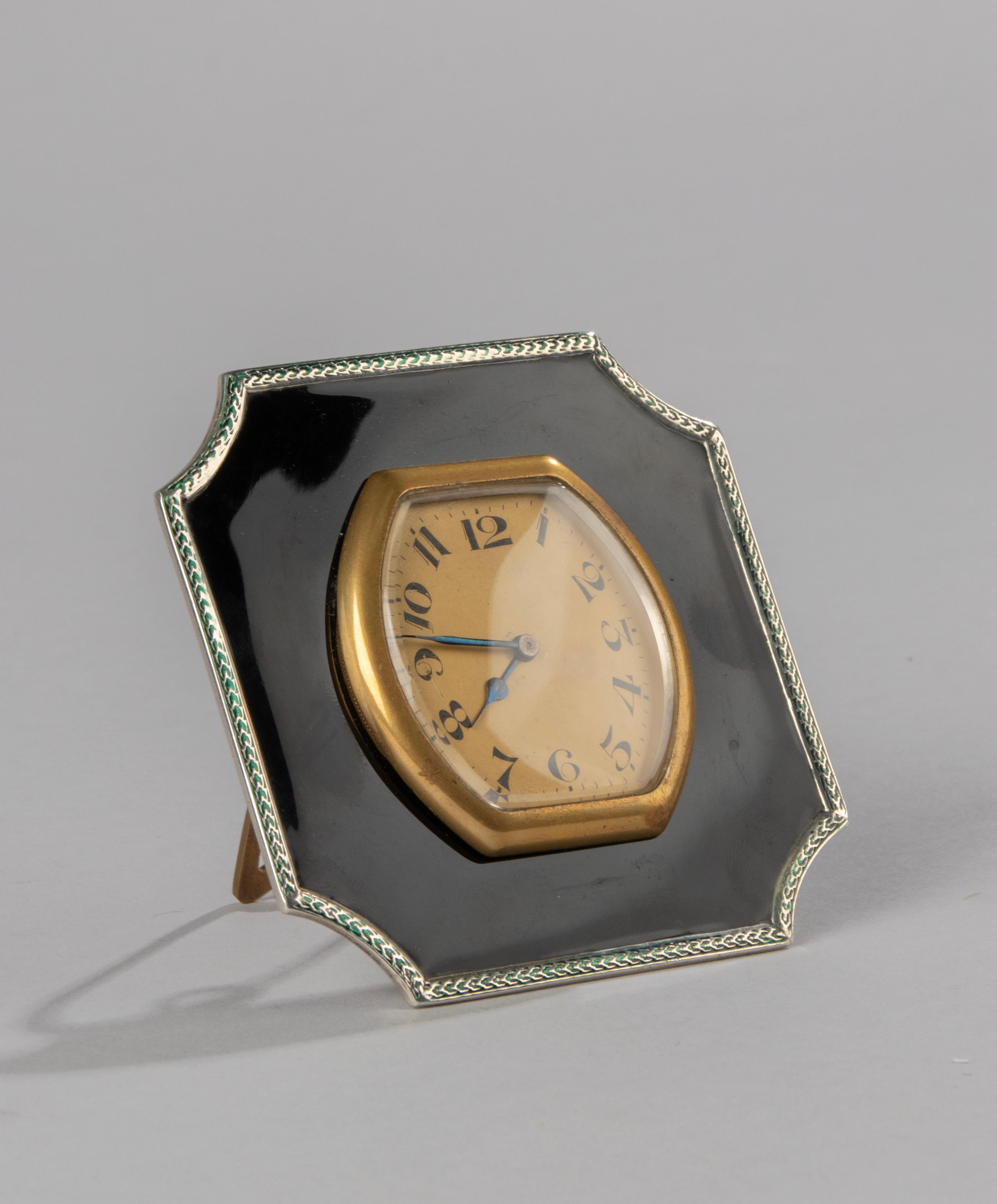 Art Deco Sterling Silver and Enameld Table Clock - Birmingham 1928  11