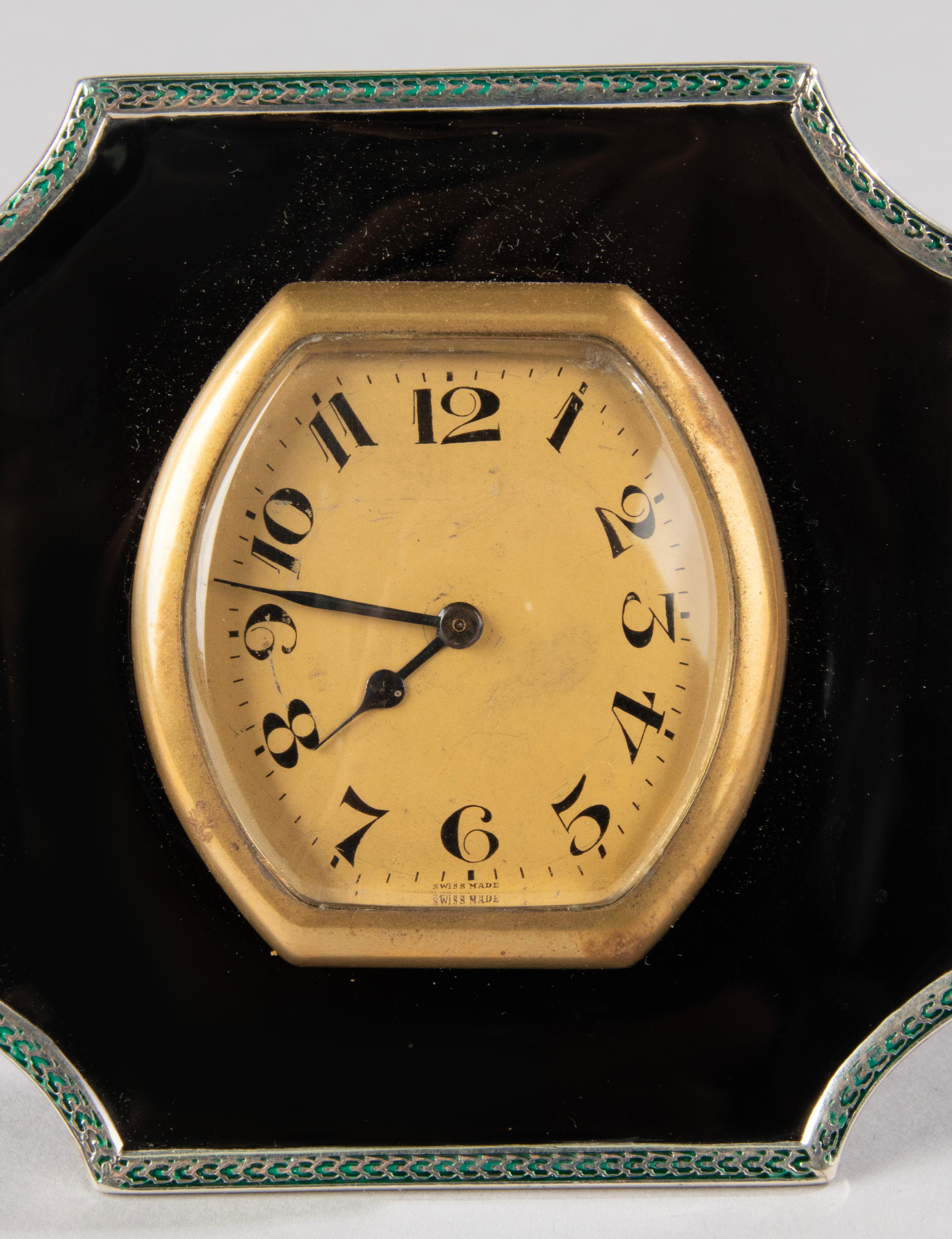 Art Deco Sterling Silver and Enameld Table Clock - Birmingham 1928  12