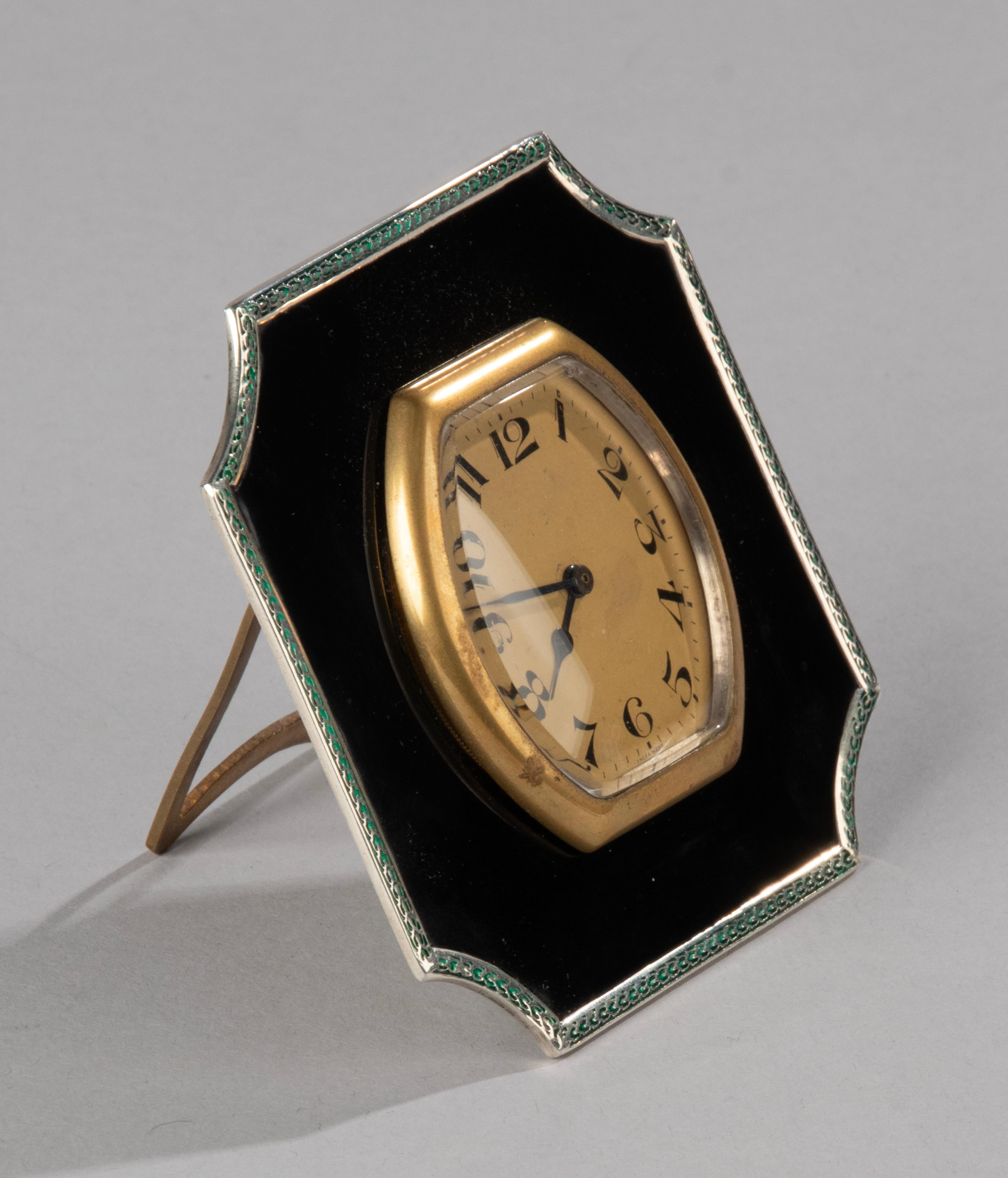 Art Deco Sterling Silver and Enameld Table Clock - Birmingham 1928  14