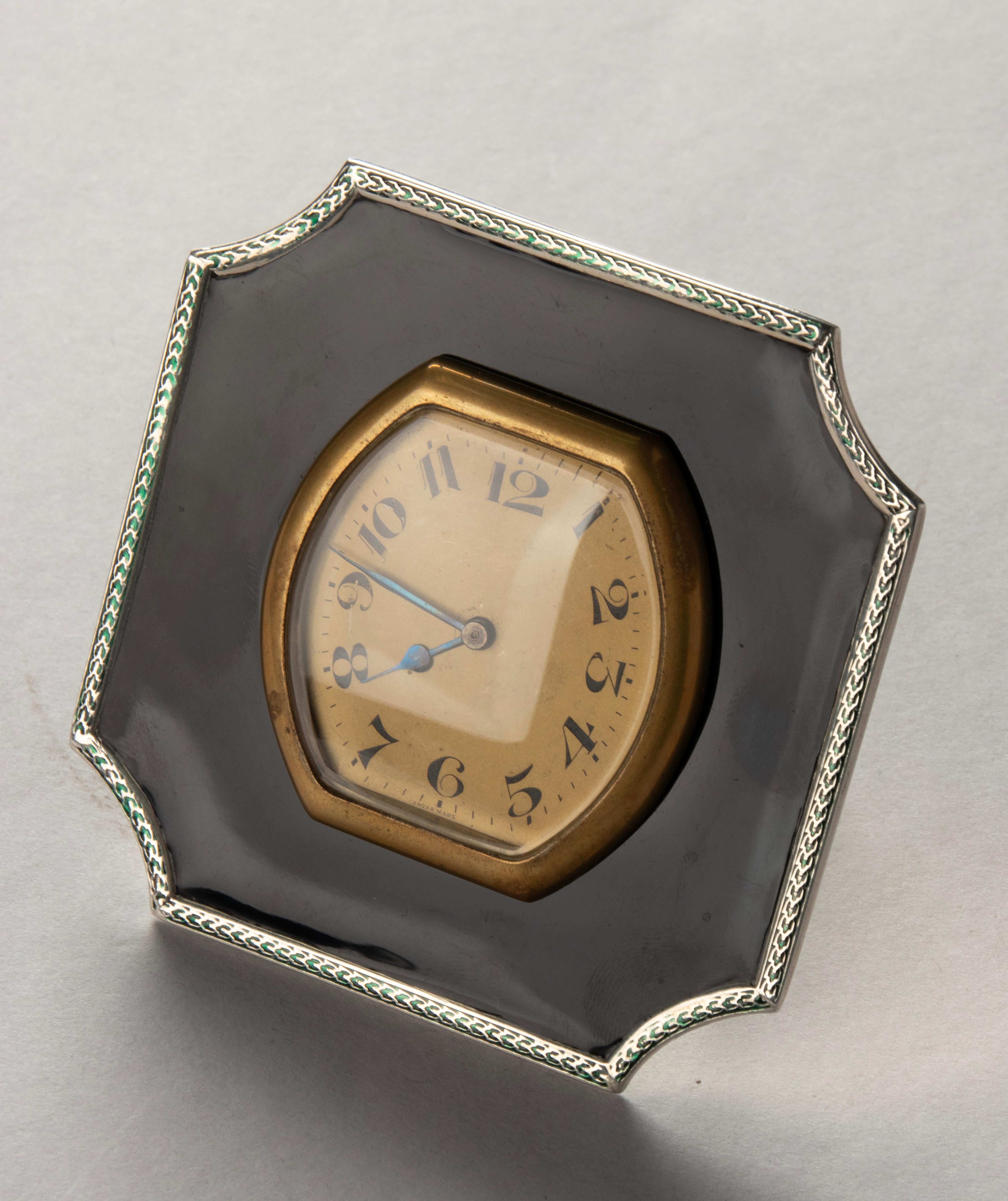 Art Deco Sterling Silver and Enameld Table Clock - Birmingham 1928 15