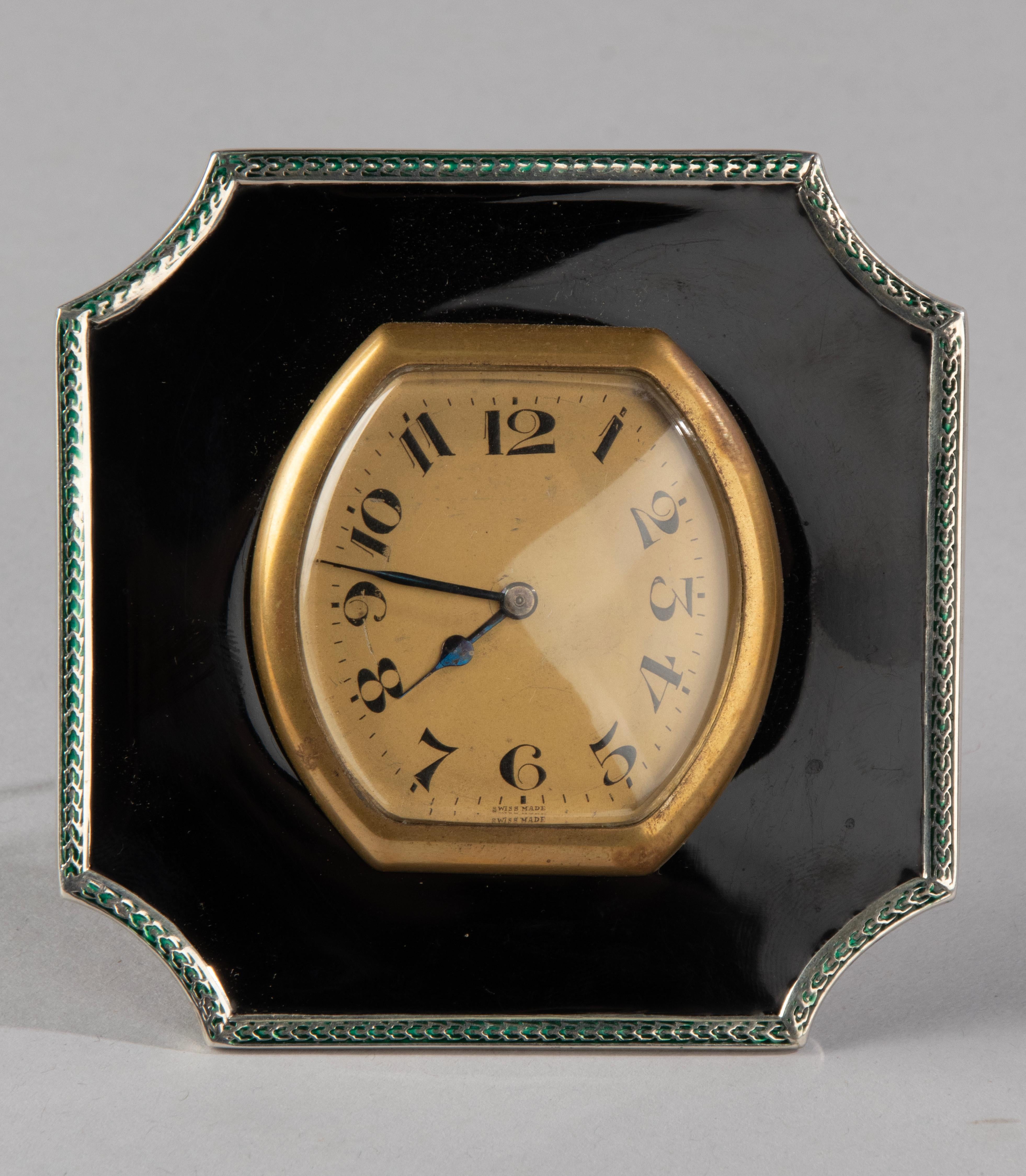 English Art Deco Sterling Silver and Enameld Table Clock - Birmingham 1928 