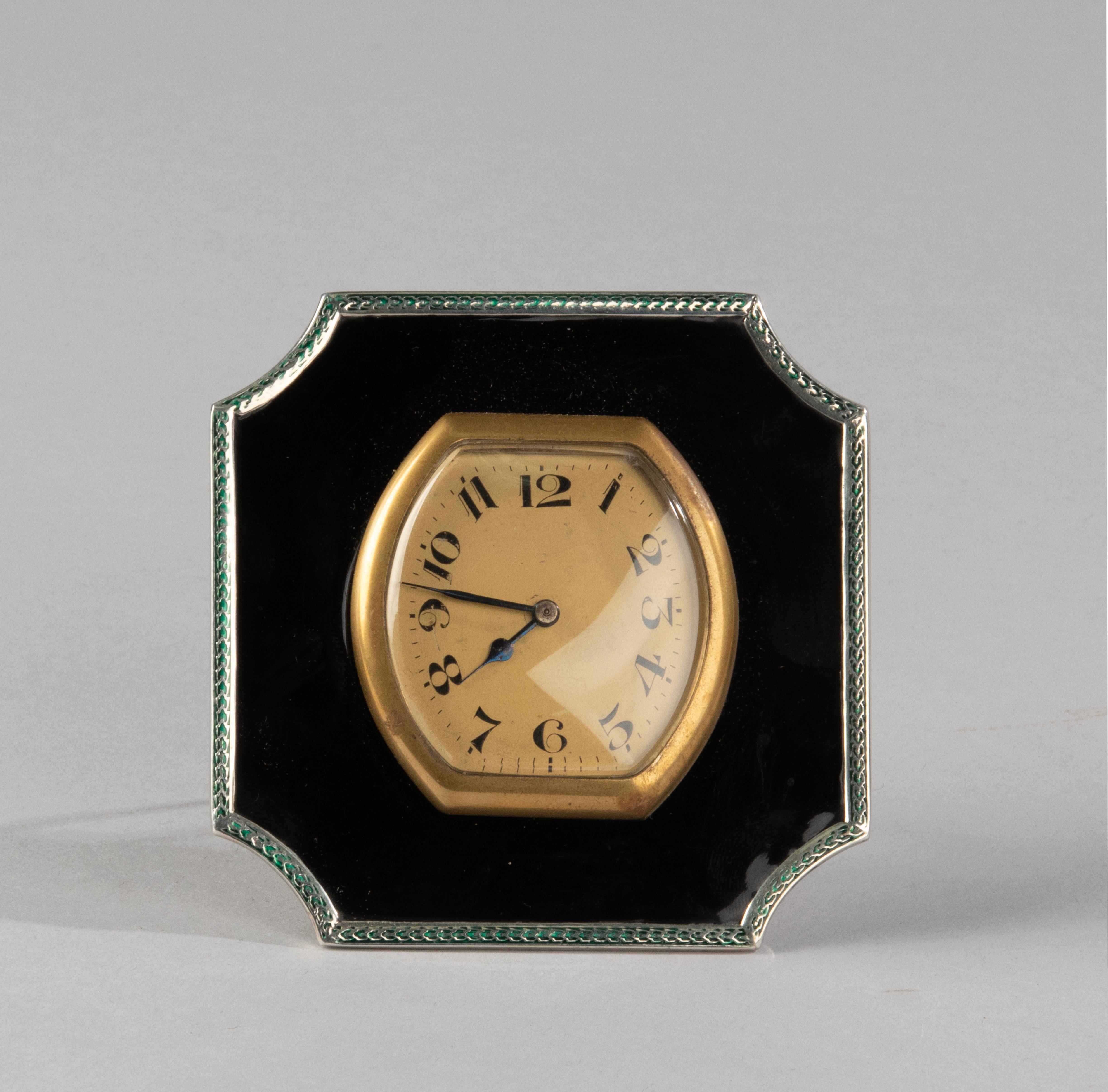 Art Deco Sterling Silver and Enameld Table Clock - Birmingham 1928 In Good Condition In Casteren, Noord-Brabant