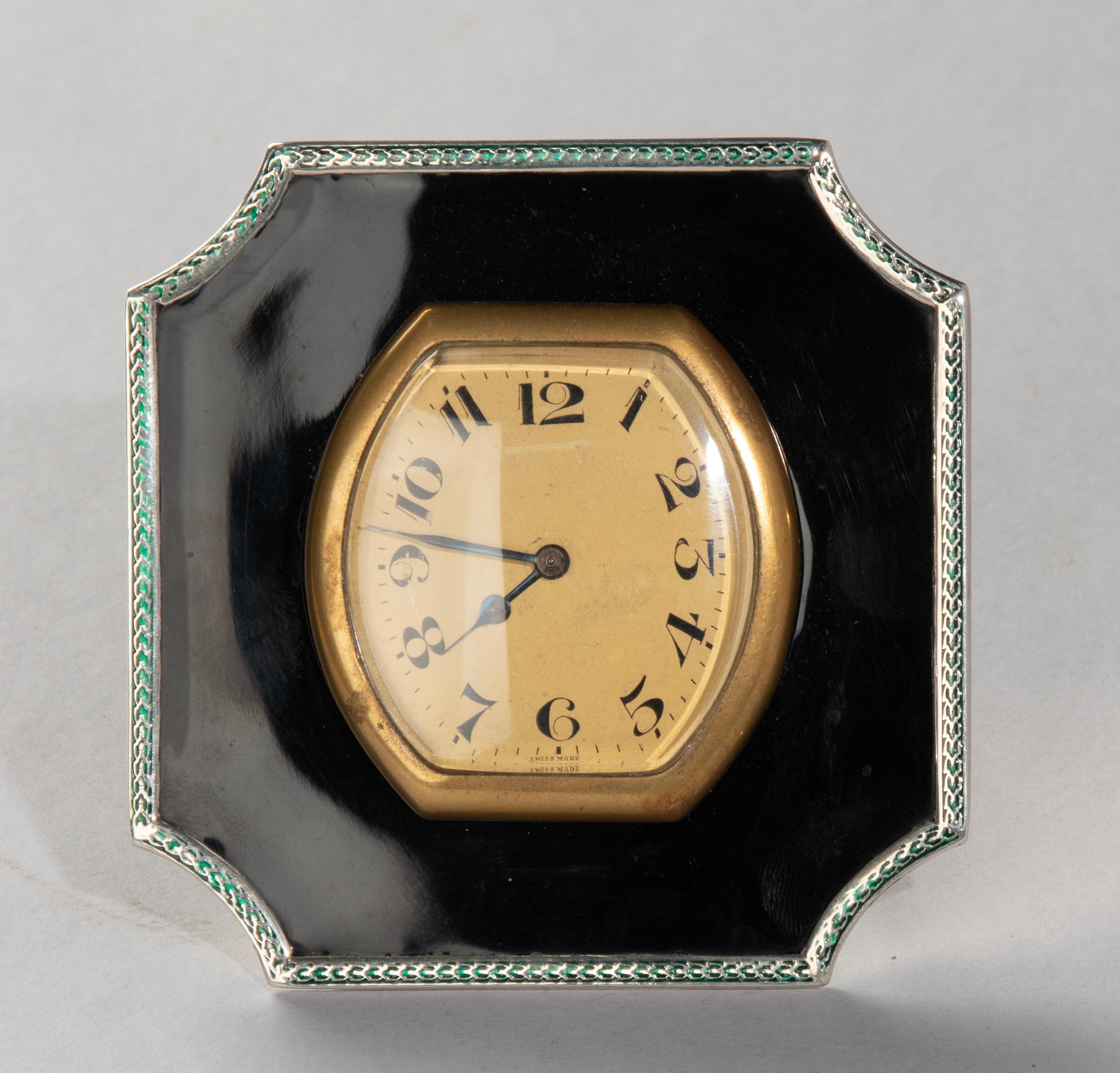 Art Deco Sterling Silver and Enameld Table Clock - Birmingham 1928  2