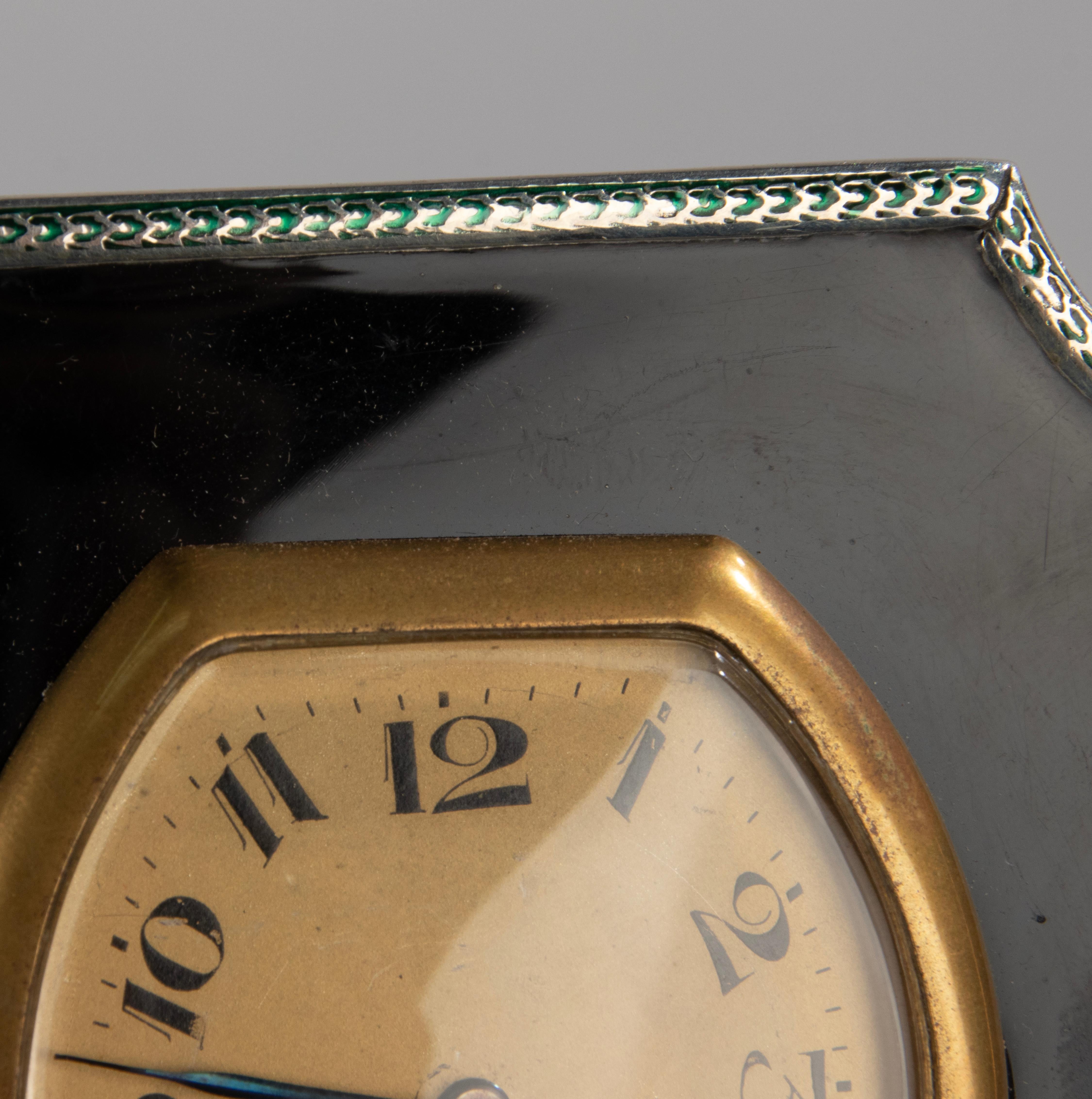 Art Deco Sterling Silver and Enameld Table Clock - Birmingham 1928  3